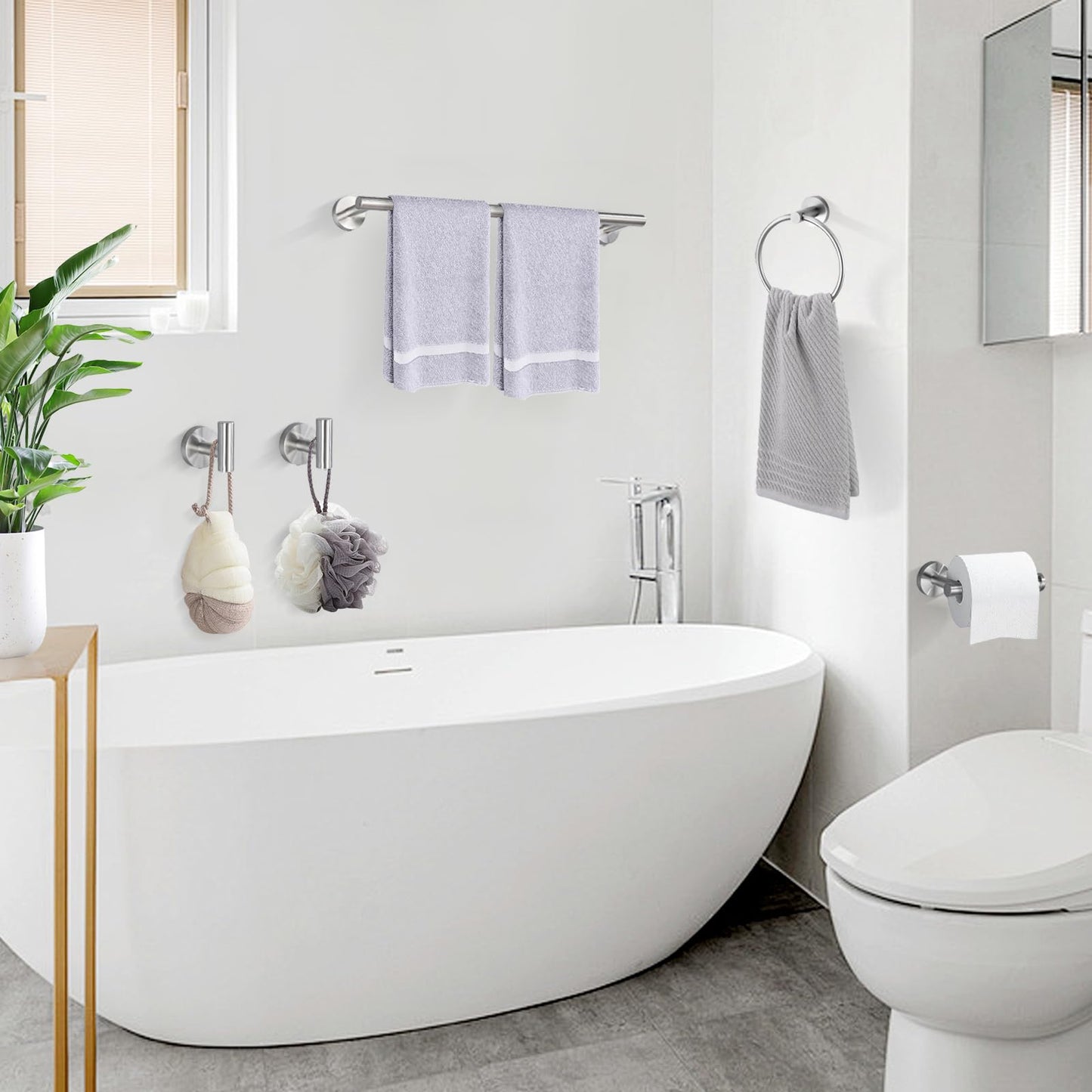 TURS Brushed Gold 5 Piece Bathroom Hardware Set, SUS304 Stainless Steel 24 Inch Bath Towel Bar Set, Round Bathroom Accessories Kit Wall Mounted