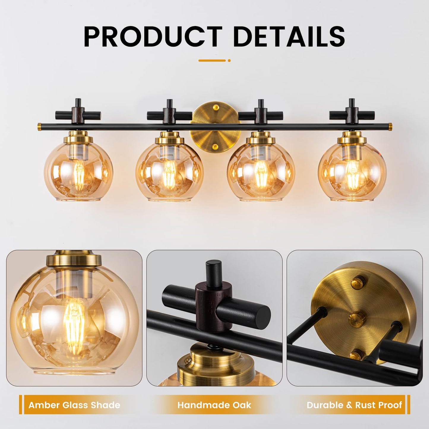 Bathroom Vanity Light, 3-Lights Vanity Lights for Bathroom, Bathroom Light Fixtures Over Mirror with Amber Glass Shade, 23 inch Modern Vanity Light (Amber Glass, 3 Lights)