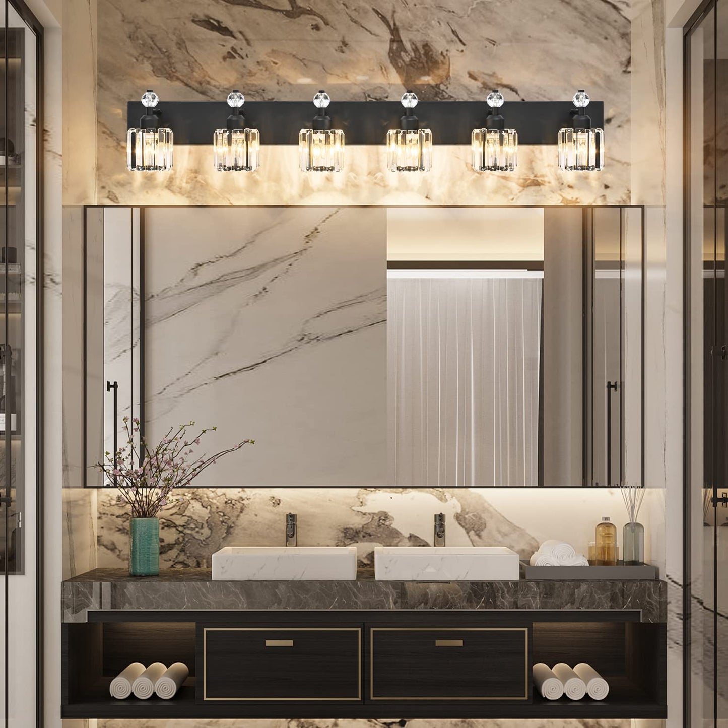 PRESDE Black Gold Crystal Bathroom Vanity Lights Fixtures Over Mirror Modern 3 Light Bath Wall Lighting