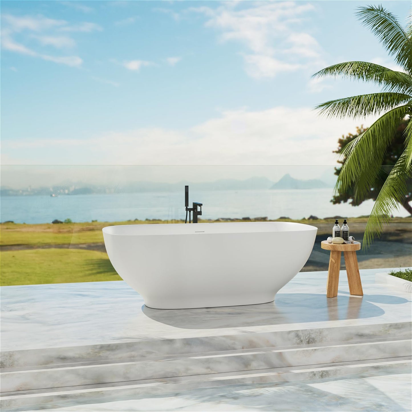 Freestanding Solid Surface Resin Stone Bathtub, Contemporary Design Stand Alone Tub with Pop-up Drain and Overflow, cUPC Certified (PO1041)