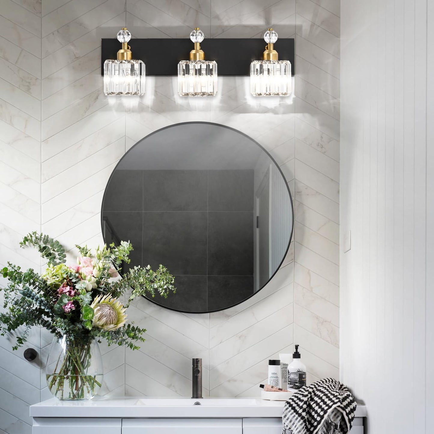 PRESDE Black Gold Crystal Bathroom Vanity Lights Fixtures Over Mirror Modern 3 Light Bath Wall Lighting