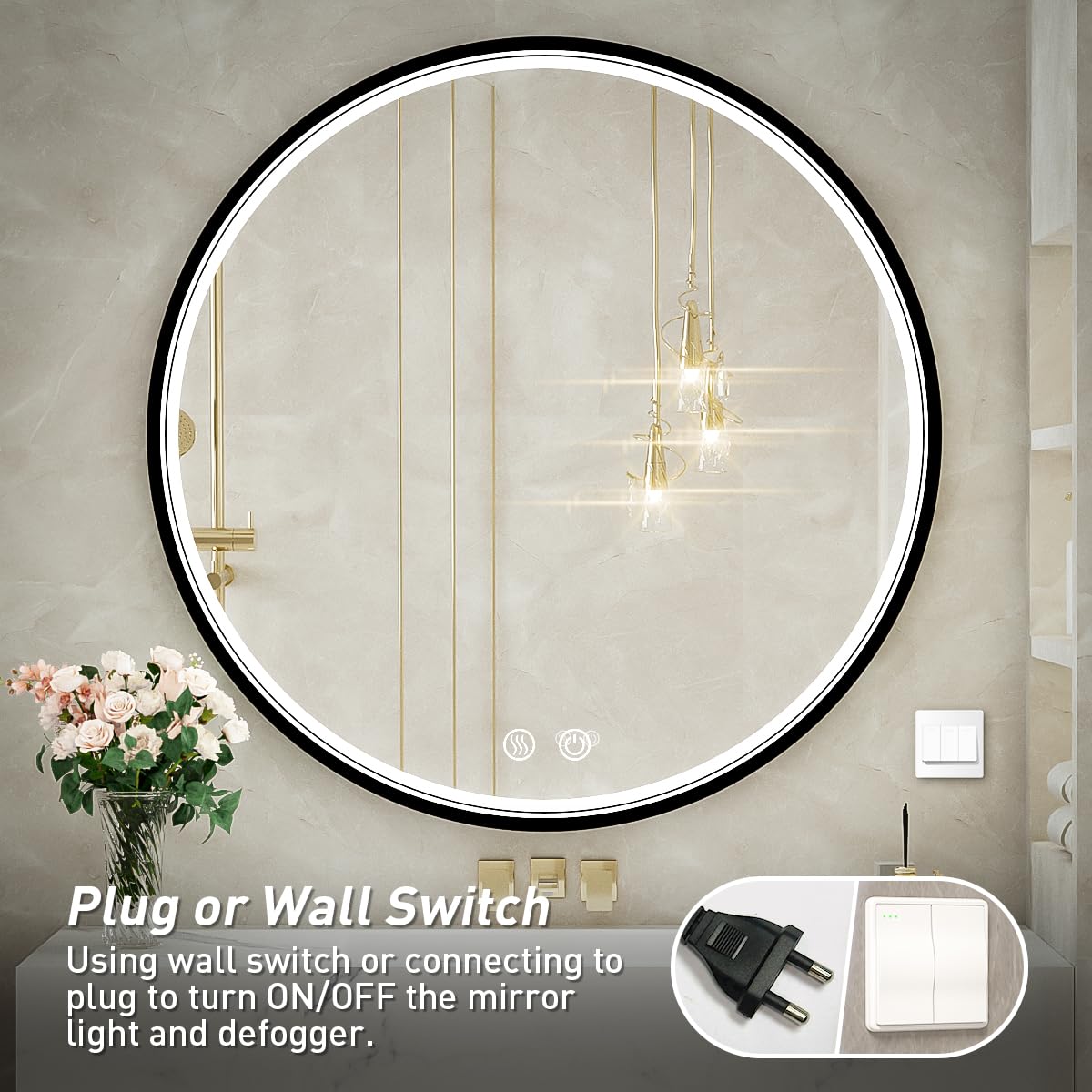 LED Round Mirror,36 Inch Gold Frame Bathroom Mirror with Light,6000K Lighted Vanity Mirror,Wall Mounted,Anti-Fog & Dimmable Touch Switch, Waterproof IP54