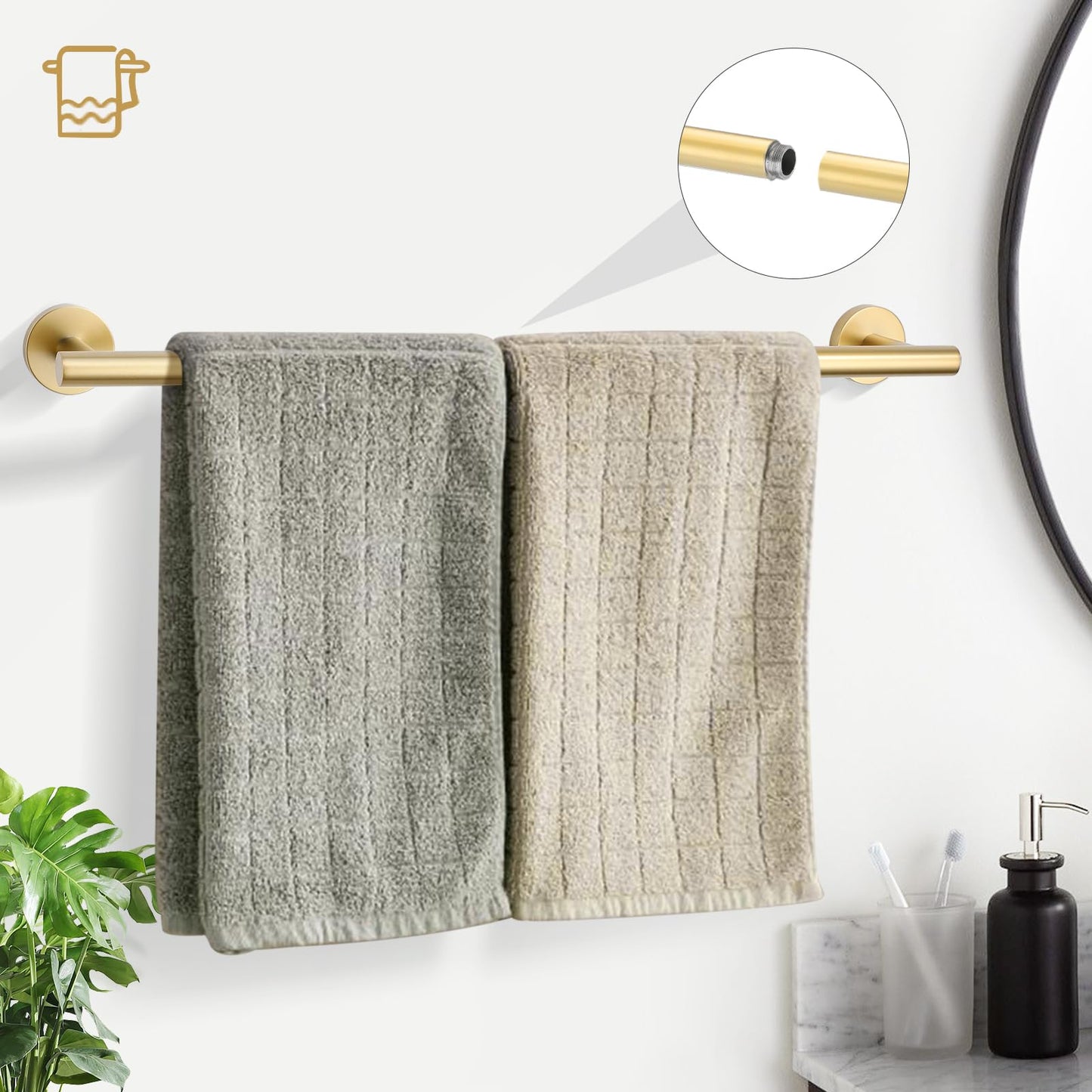 TURS Brushed Gold 5 Piece Bathroom Hardware Set, SUS304 Stainless Steel 24 Inch Bath Towel Bar Set, Round Bathroom Accessories Kit Wall Mounted