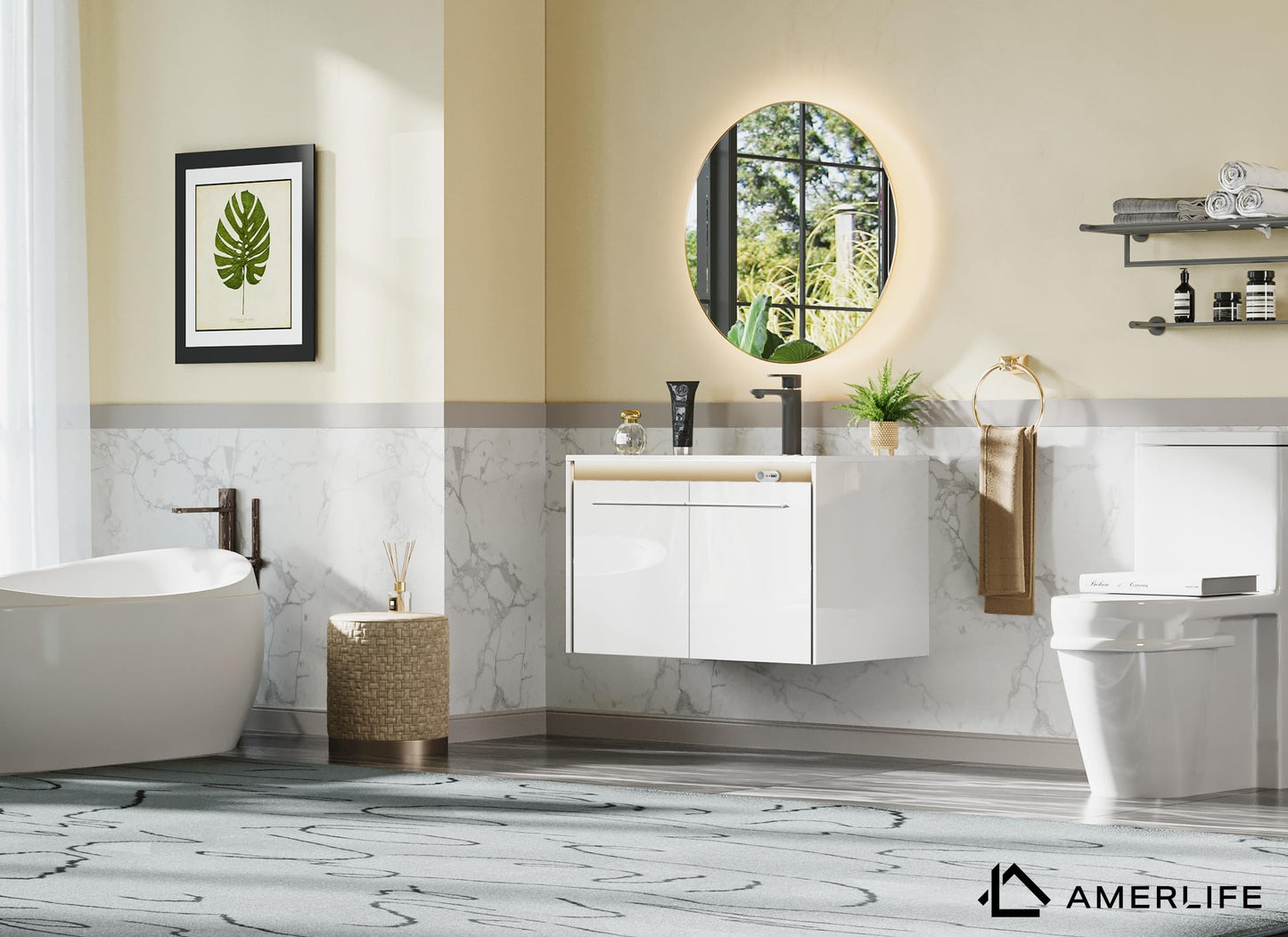 AMERLIFE 31" LED Floating Bathroom Vanity with Sink, High Gloss Single Sink Wall Mounted Bathroom Storage Vanity Cabinet, Modern Bathroom Sink Cabinet with Metal Handles, White