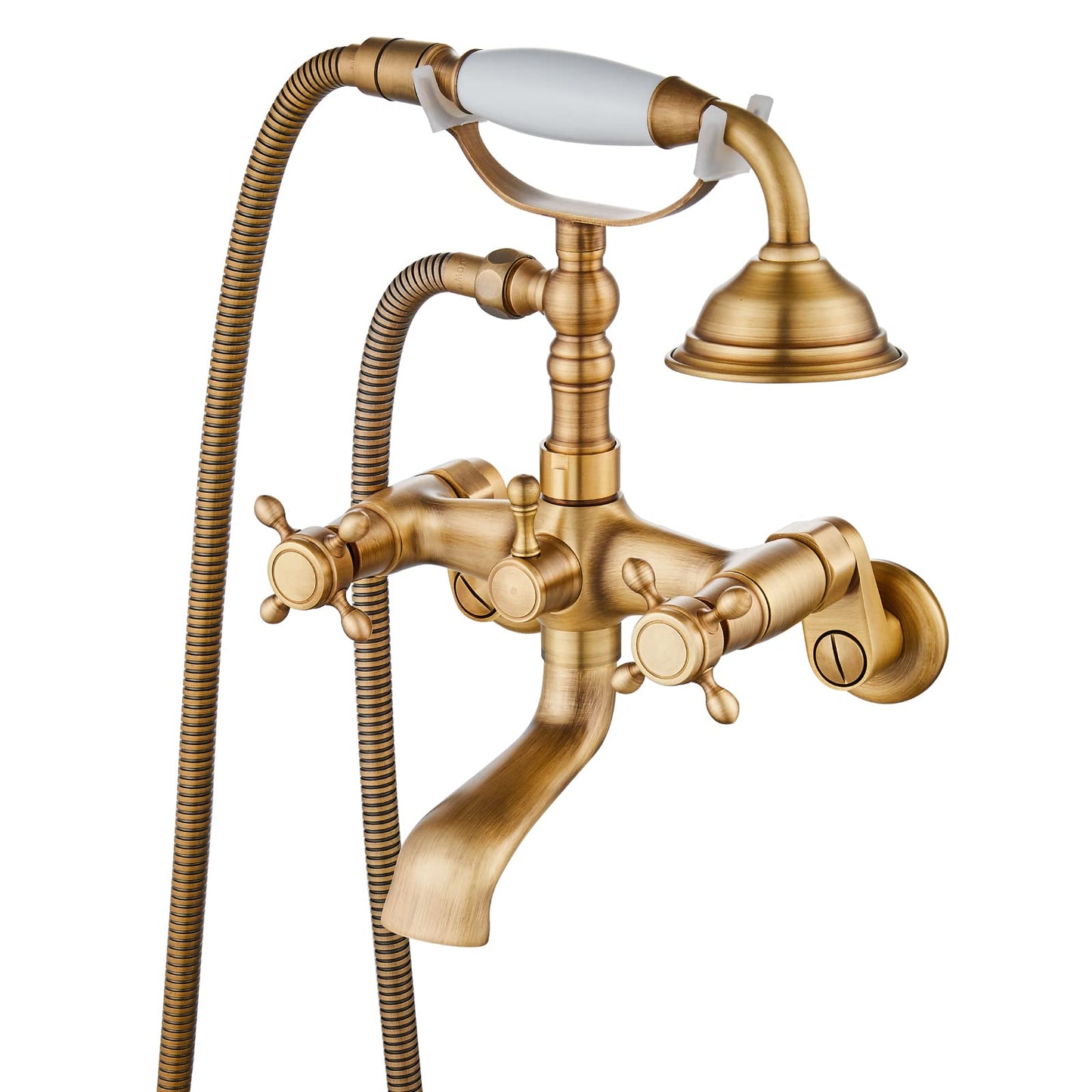 gotonovo Bathtub Clawfoot Faucet Brushed Nickel Finish Wall Mount Tub Filler with Hand Held Shower Faucet 2 Cross Handles with Tub Spout Victorian Vintage Telephone Style