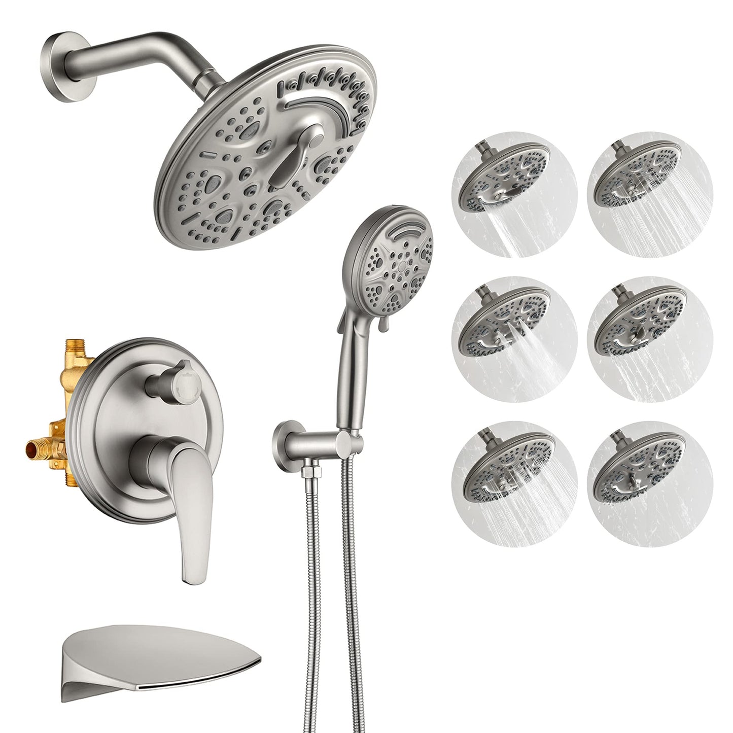 SHAMANDA Shower System with Waterfall Tub Spout and Handheld Shower Head, 12" Rain Shower Faucet Sets Complete with Shower Round-in Valve and Trim Wall Mount, Brushed Gold, L101-3