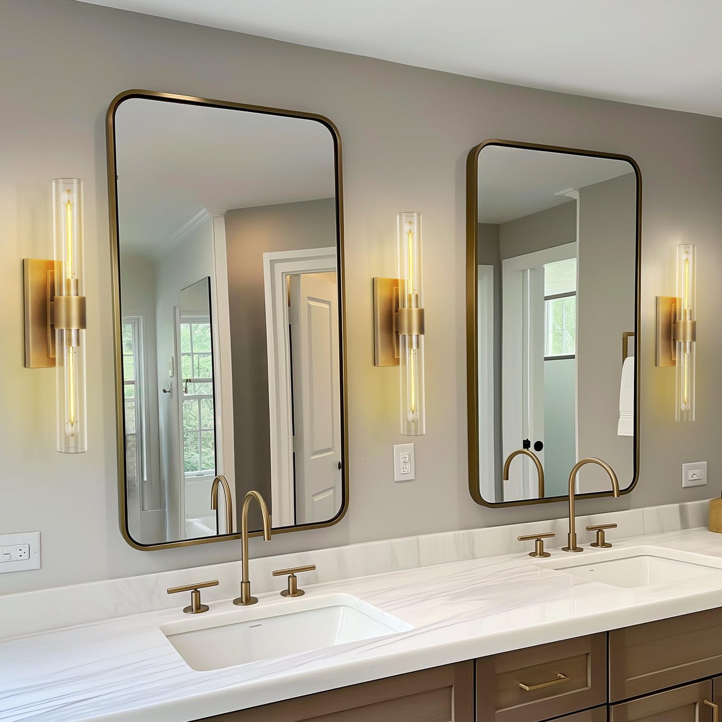 Brass Wall Sconces Set of Two, 22.8" Sconces Wall Lighting 2-Light, Gold Bathroom Vanity Wall Sconces, Glass Tube Wall Sconces, Indoor Wall Sconces for Bathroom, Bedroom, Vanity, Hallway