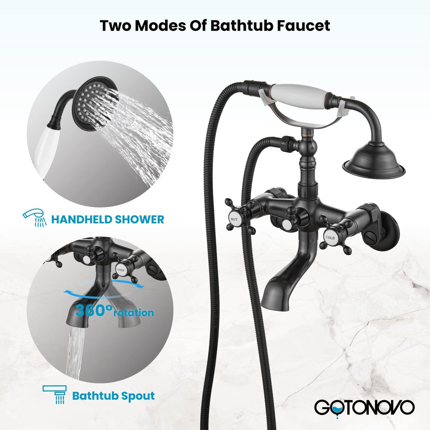 gotonovo Bathtub Clawfoot Faucet Brushed Nickel Finish Wall Mount Tub Filler with Hand Held Shower Faucet 2 Cross Handles with Tub Spout Victorian Vintage Telephone Style
