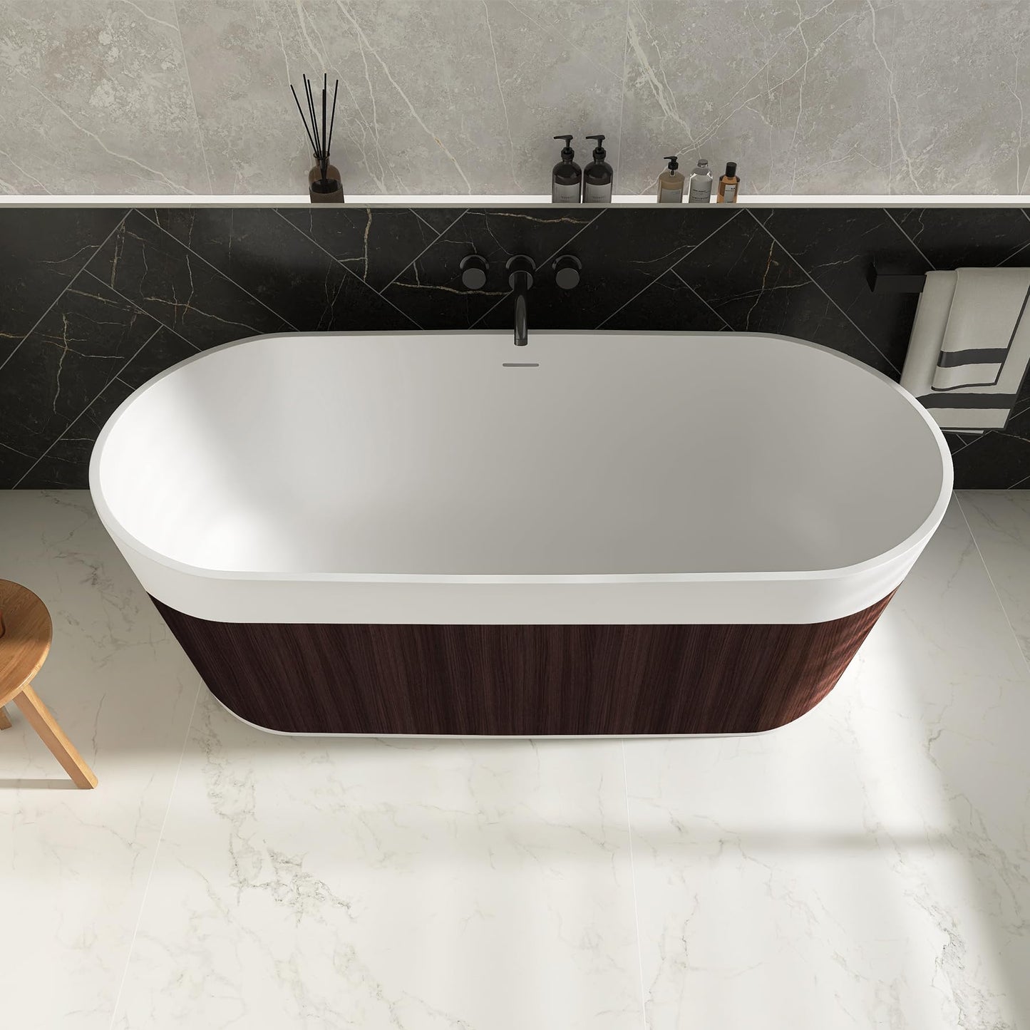51'' Japanese Soaking Tub Freestanding Bathtub Resin Stone Bathtubs Deep soaking Tub with Overflow and Pop-up Drain - White