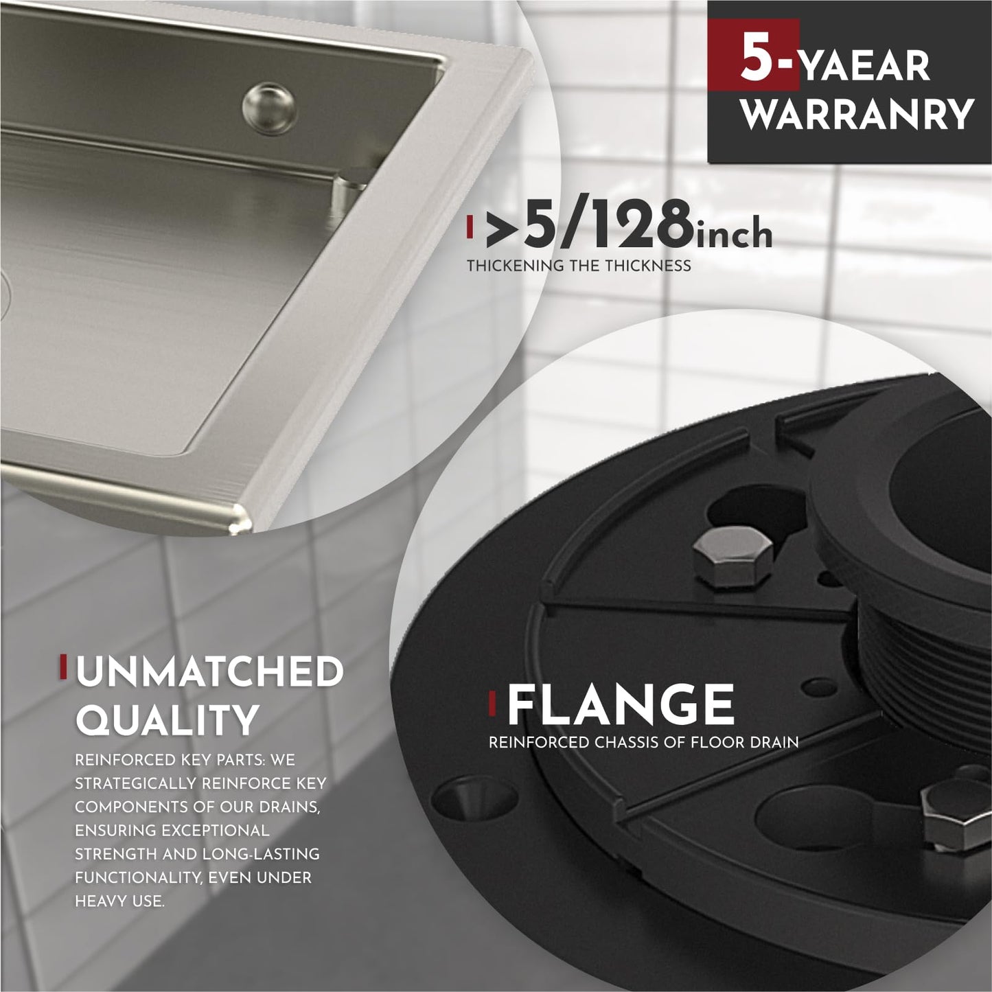 6 Inch Square Shower Floor Drain with Flange,Quadrato Pattern Grate Removable,Food-grade SUS 304 Stainless Steel,WATERMARK&CUPC Certified, Brushed Gold