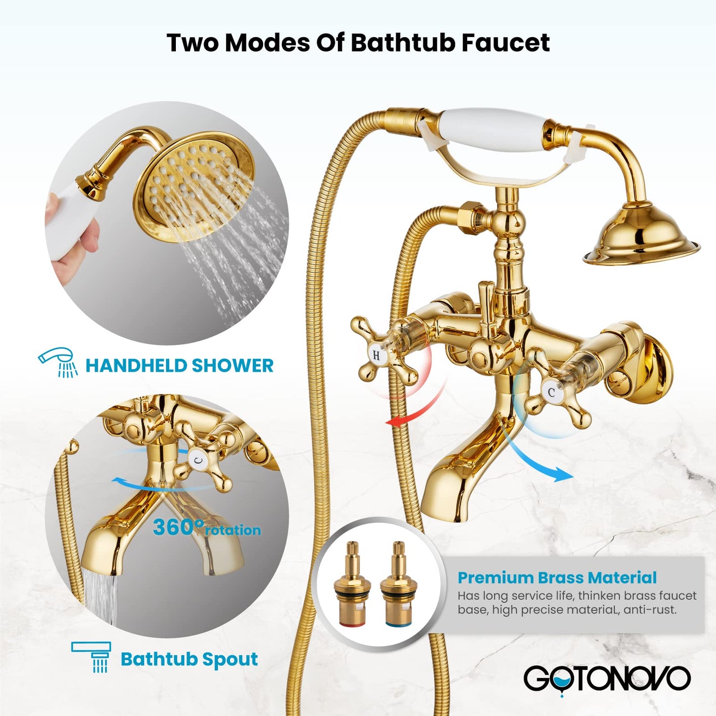 gotonovo Bathtub Clawfoot Faucet Brushed Nickel Finish Wall Mount Tub Filler with Hand Held Shower Faucet 2 Cross Handles with Tub Spout Victorian Vintage Telephone Style