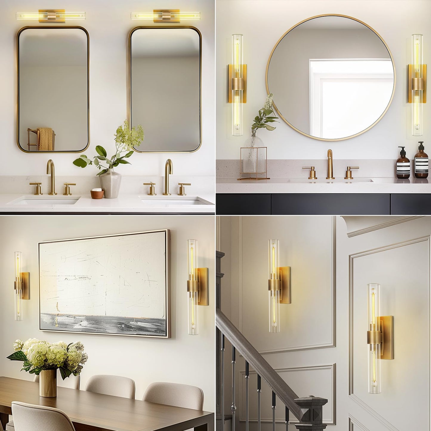 Brass Wall Sconces Set of Two, 22.8" Sconces Wall Lighting 2-Light, Gold Bathroom Vanity Wall Sconces, Glass Tube Wall Sconces, Indoor Wall Sconces for Bathroom, Bedroom, Vanity, Hallway