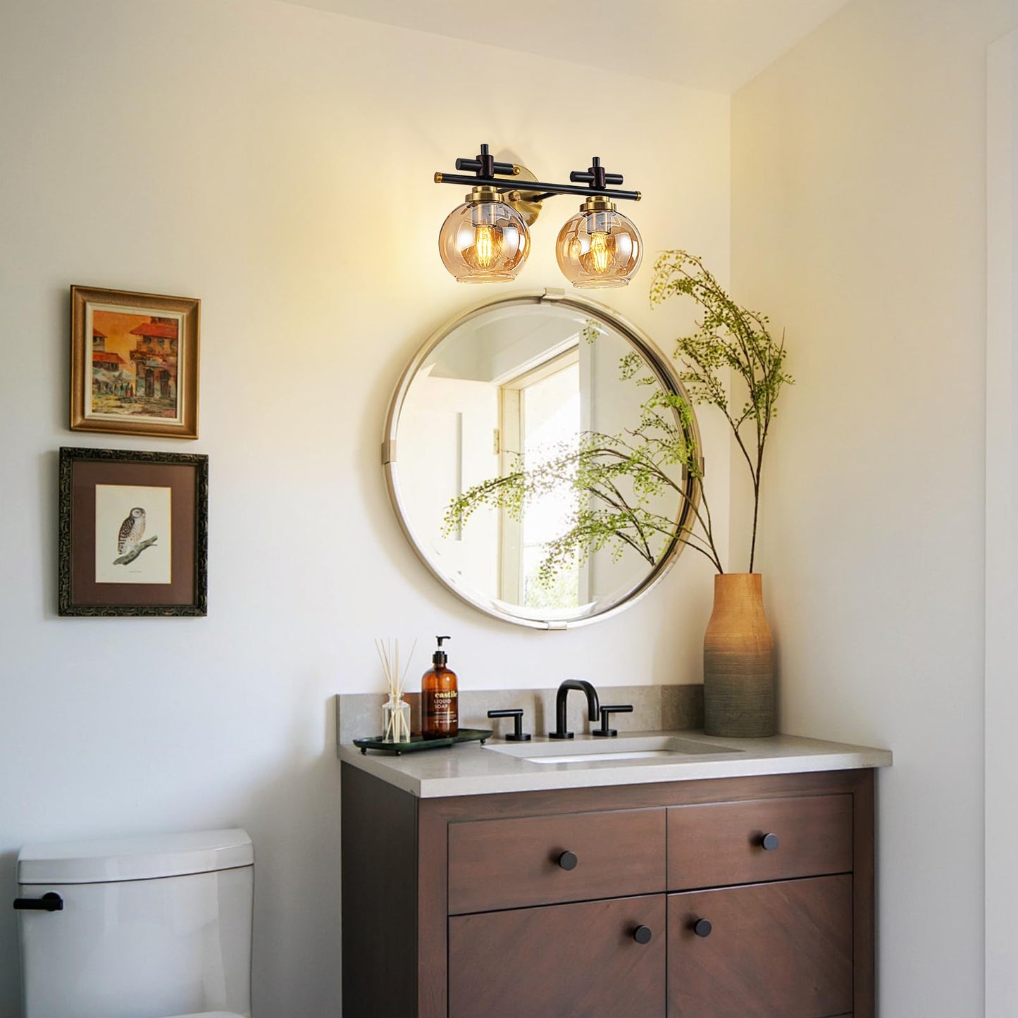 Bathroom Vanity Light, 3-Lights Vanity Lights for Bathroom, Bathroom Light Fixtures Over Mirror with Amber Glass Shade, 23 inch Modern Vanity Light (Amber Glass, 3 Lights)