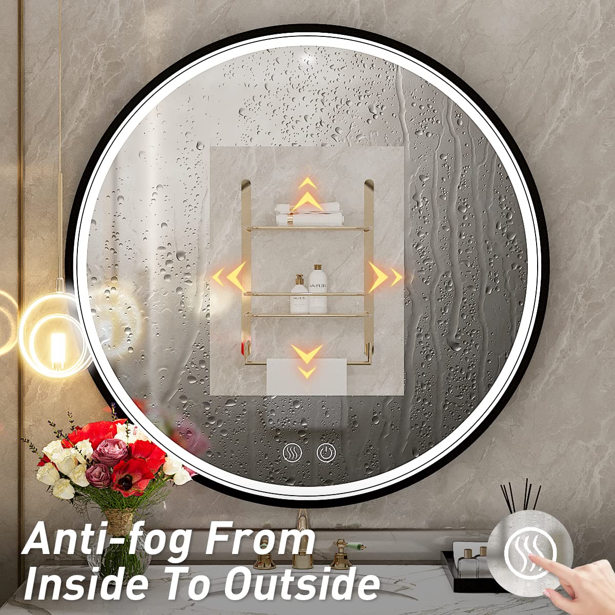 LED Round Mirror,36 Inch Gold Frame Bathroom Mirror with Light,6000K Lighted Vanity Mirror,Wall Mounted,Anti-Fog & Dimmable Touch Switch, Waterproof IP54