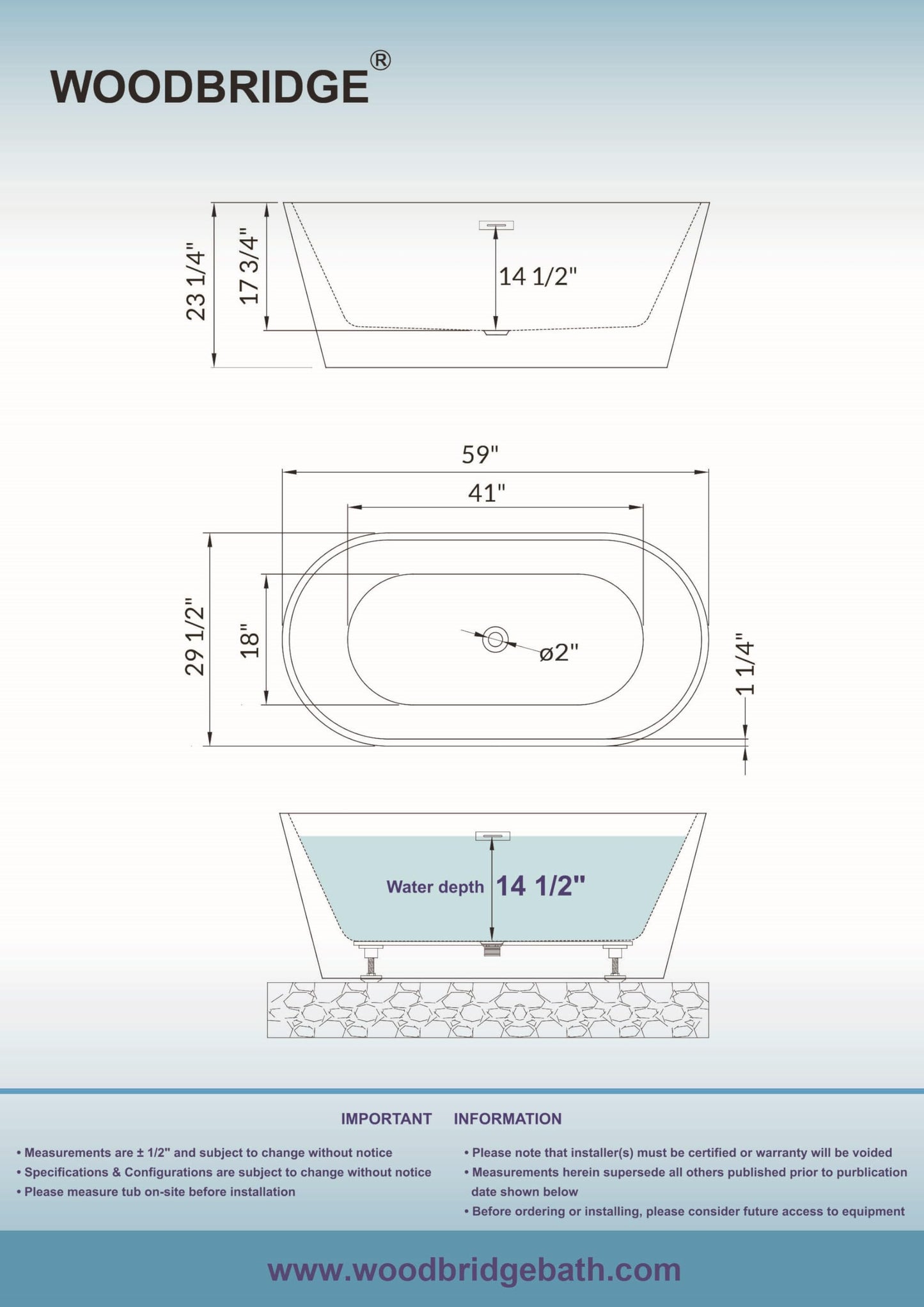 WOODBRIDGE 59" Acrylic Freestanding Bathtub Contemporary Soaking White Tub with Brushed Nickel Overflow and Drain,B0014 -B/N-Drain &O