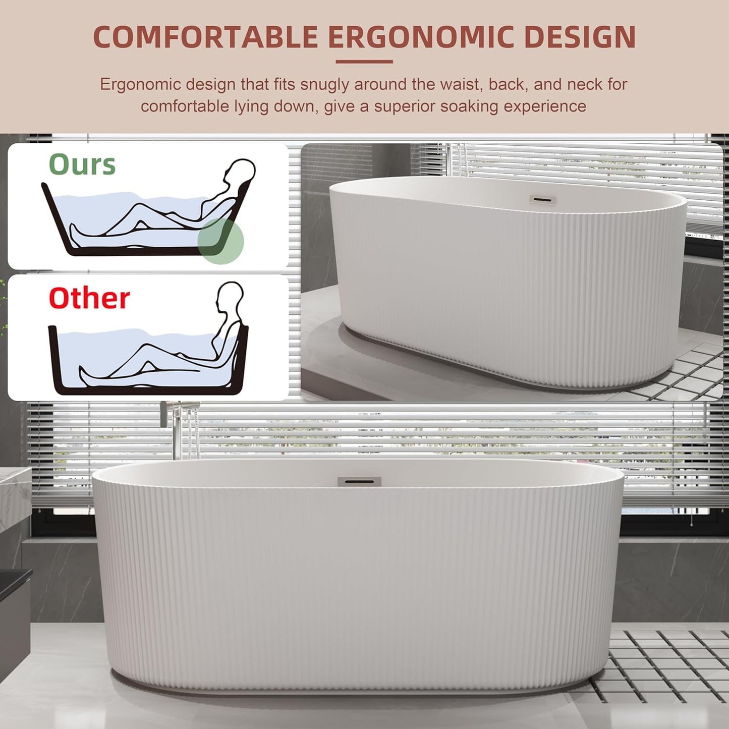 LOVMOR 67" Acrylic Freestanding Soaking Bathtub Soaking Bath Tub with Brushed Nickel Overflow and Pop Up Drain for Bathroom, Double Slipper Tub, Whit