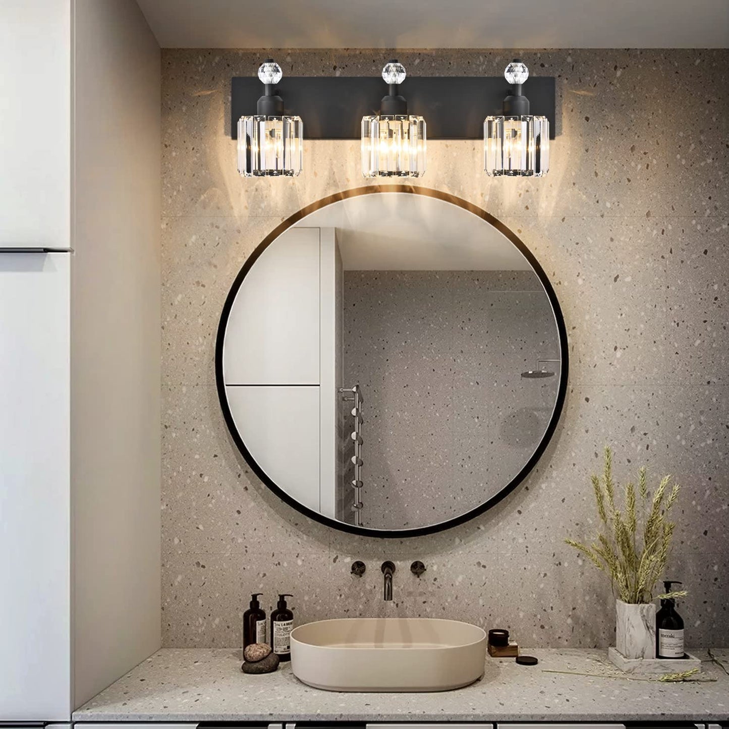 PRESDE Black Gold Crystal Bathroom Vanity Lights Fixtures Over Mirror Modern 3 Light Bath Wall Lighting