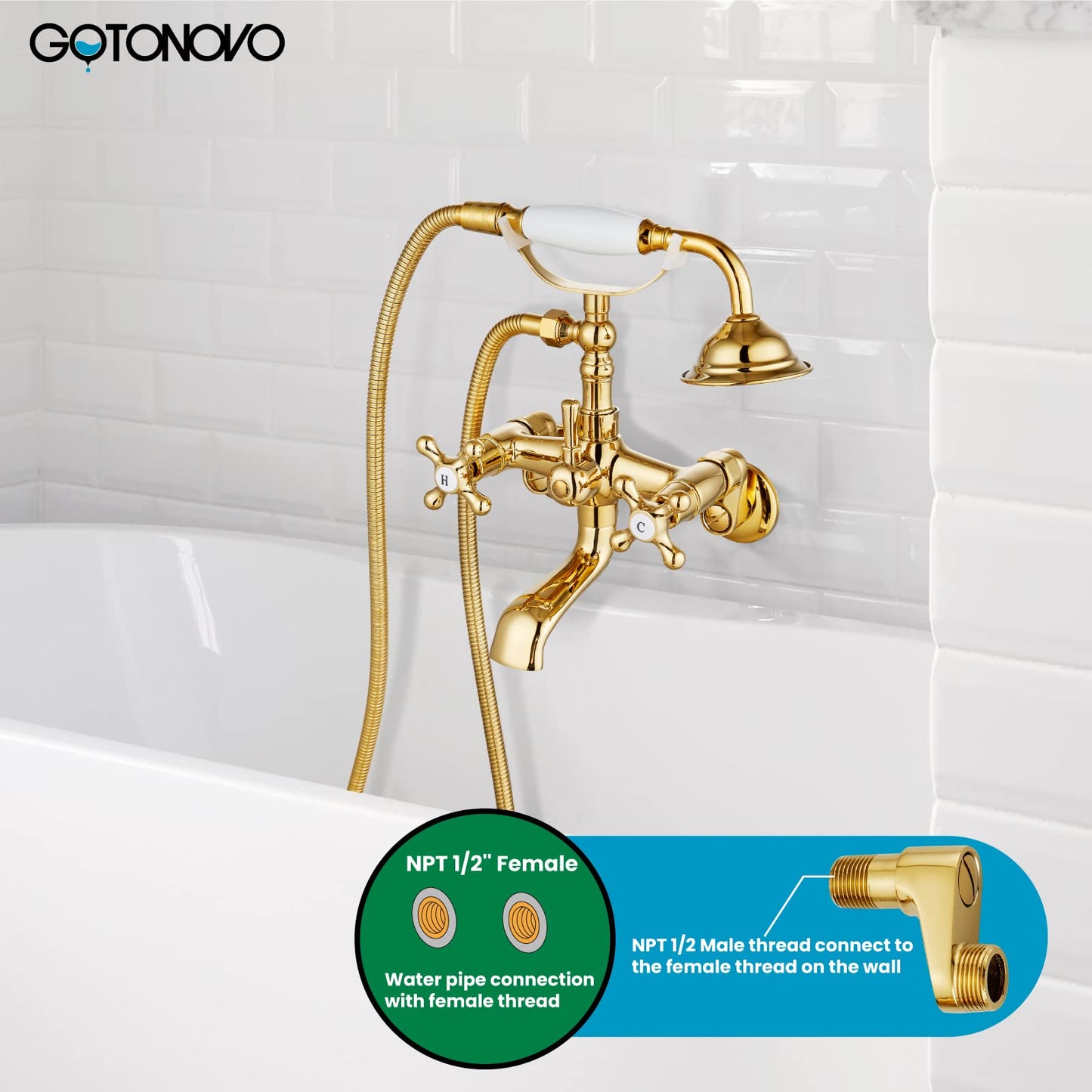 gotonovo Bathtub Clawfoot Faucet Brushed Nickel Finish Wall Mount Tub Filler with Hand Held Shower Faucet 2 Cross Handles with Tub Spout Victorian Vintage Telephone Style