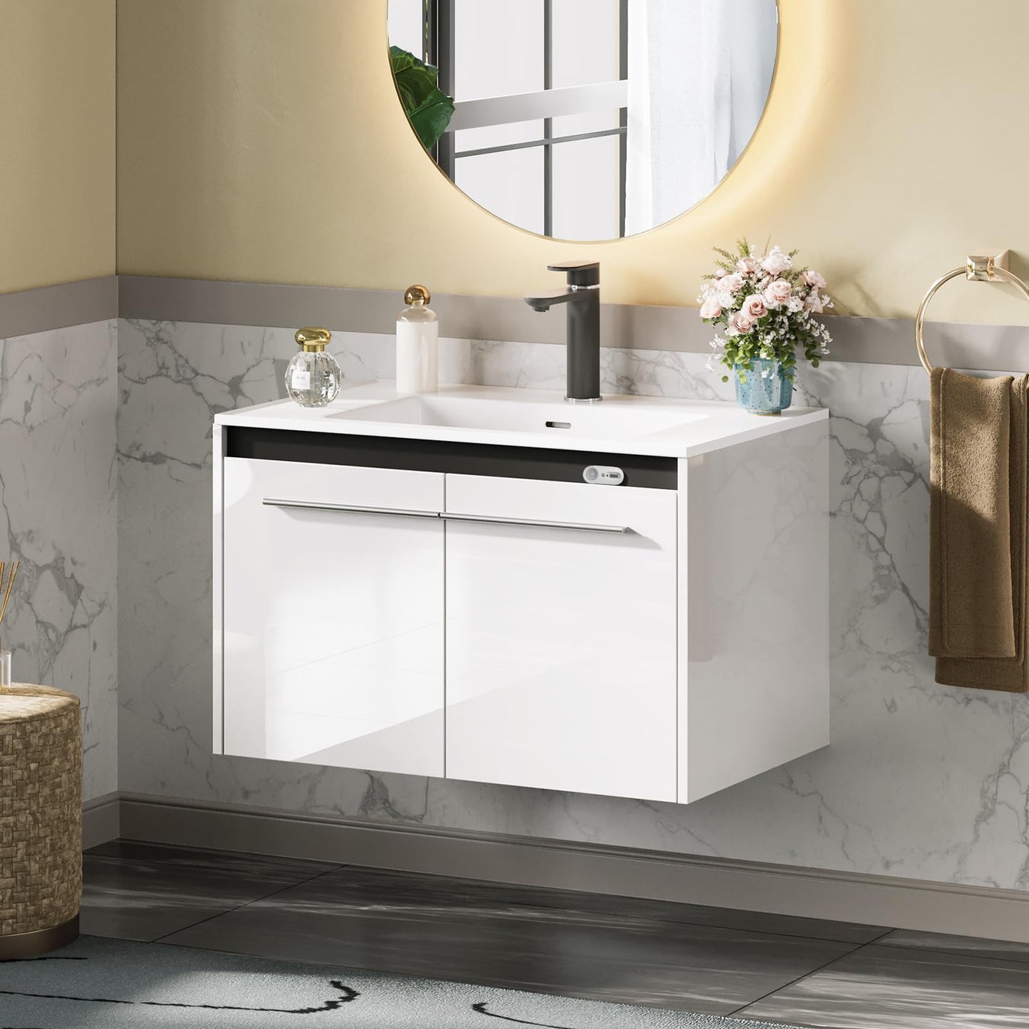 AMERLIFE 31" LED Floating Bathroom Vanity with Sink, High Gloss Single Sink Wall Mounted Bathroom Storage Vanity Cabinet, Modern Bathroom Sink Cabinet with Metal Handles, White