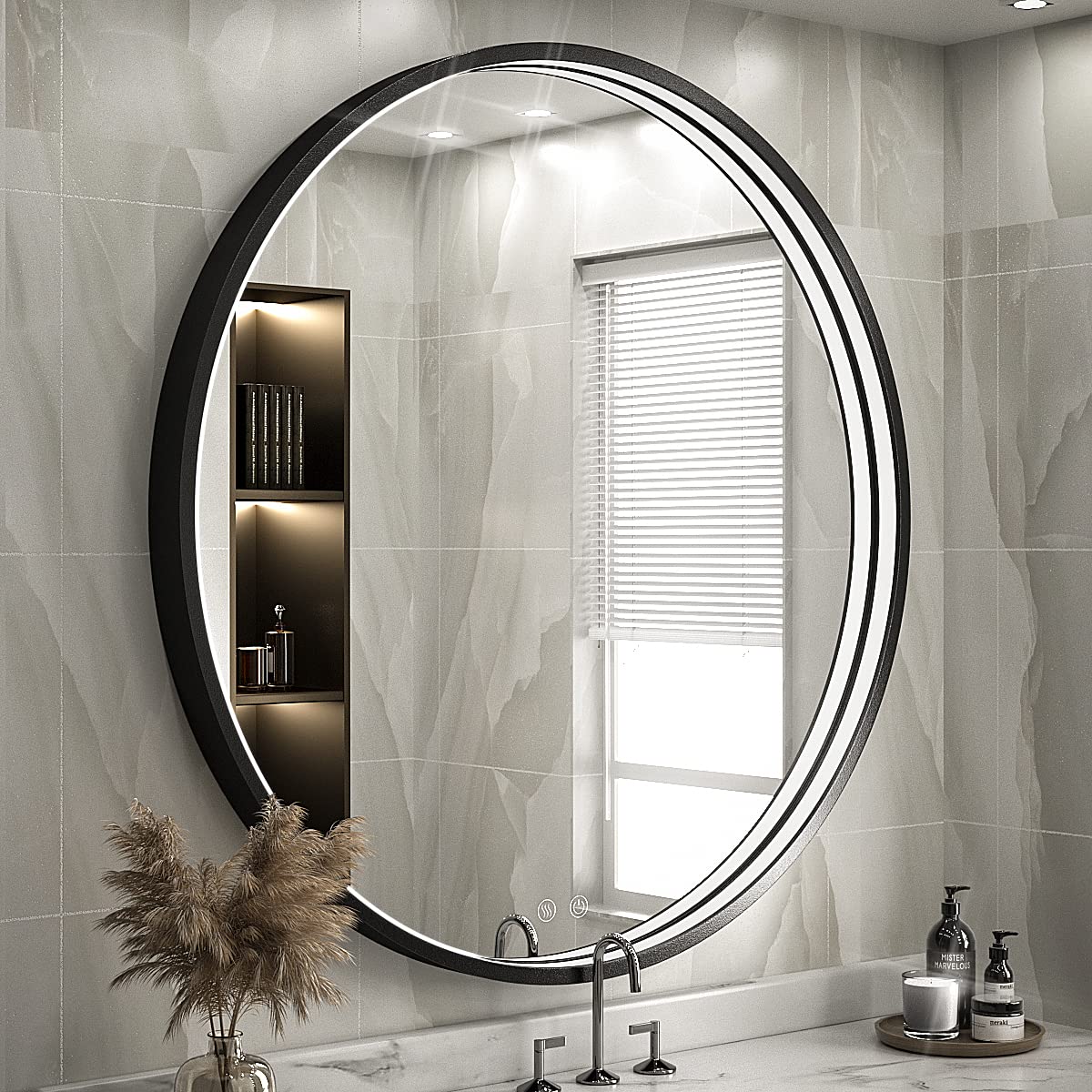LED Round Mirror,36 Inch Gold Frame Bathroom Mirror with Light,6000K Lighted Vanity Mirror,Wall Mounted,Anti-Fog & Dimmable Touch Switch, Waterproof IP54