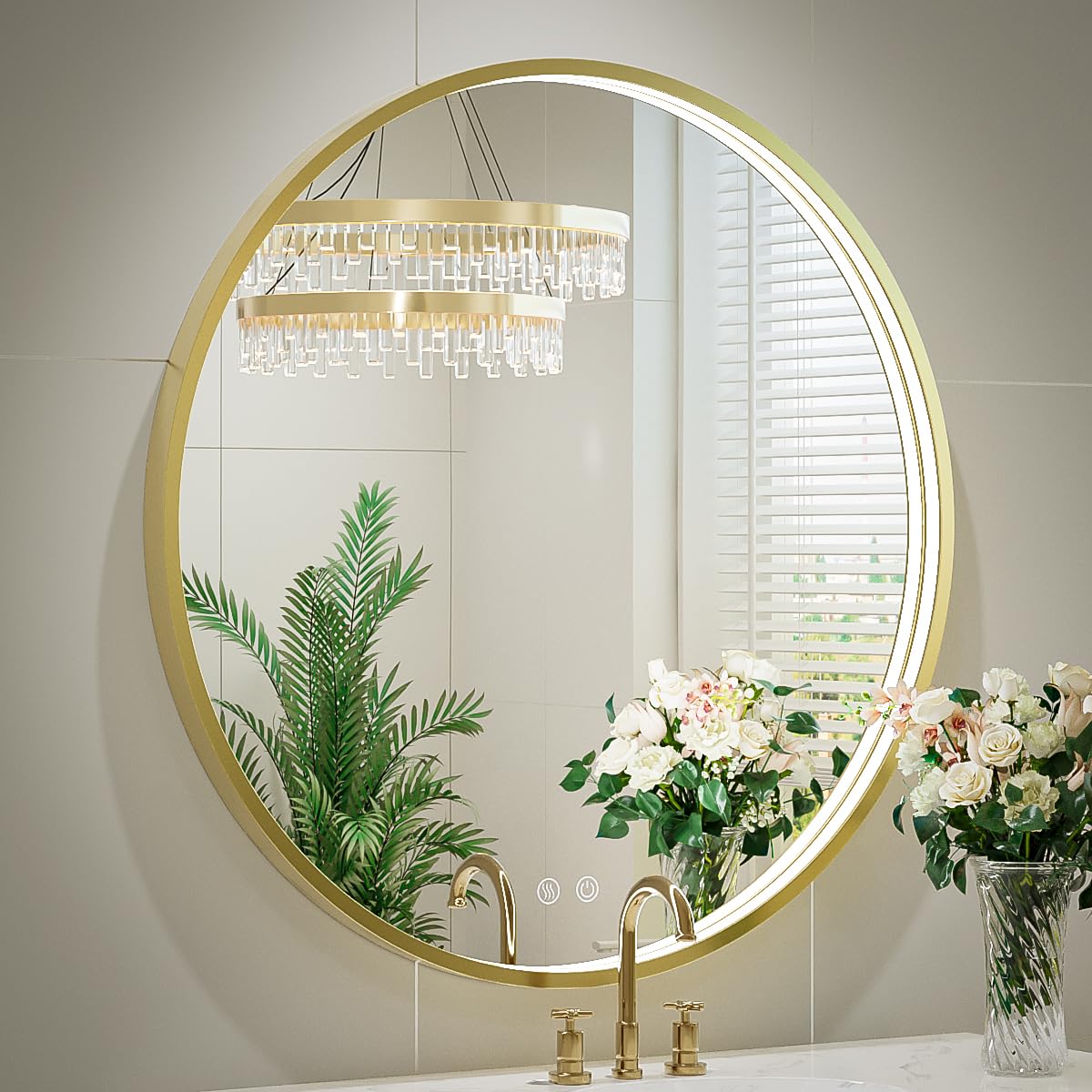 LED Round Mirror,36 Inch Gold Frame Bathroom Mirror with Light,6000K Lighted Vanity Mirror,Wall Mounted,Anti-Fog & Dimmable Touch Switch, Waterproof IP54
