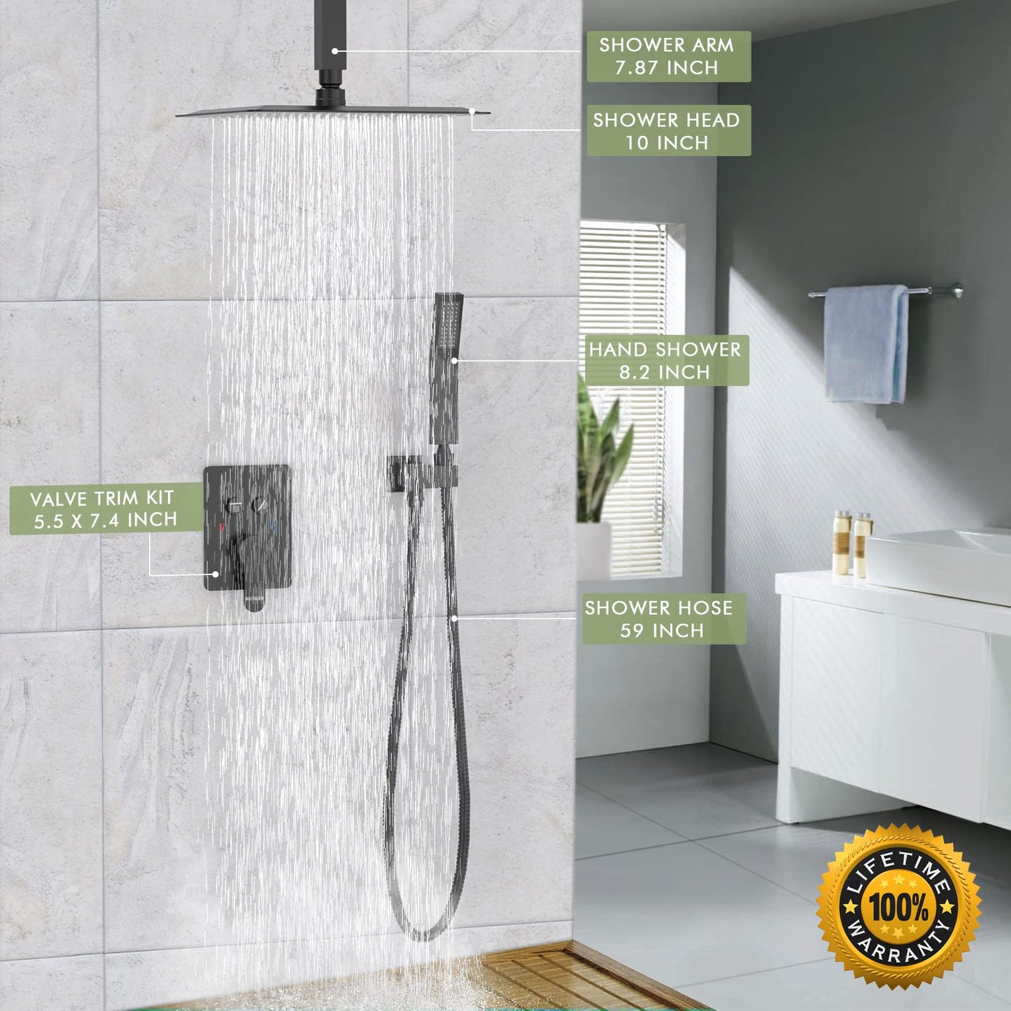 Matte Black Shower System, Shower Faucet Set with 3 Way Pressure Balance Valve and Trim Kit All Metal 10 Inch Rainfall Shower Head System Wall Mounted Can Use All Faucets At Same Time