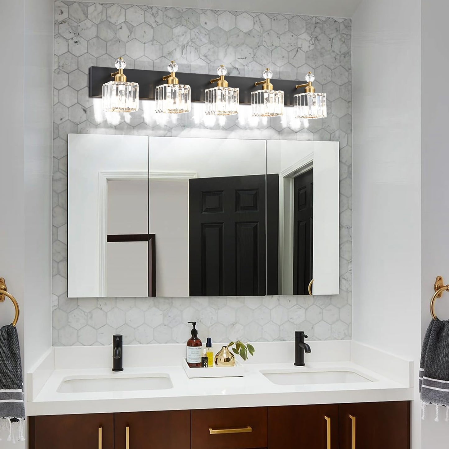 PRESDE Black Gold Crystal Bathroom Vanity Lights Fixtures Over Mirror Modern 3 Light Bath Wall Lighting