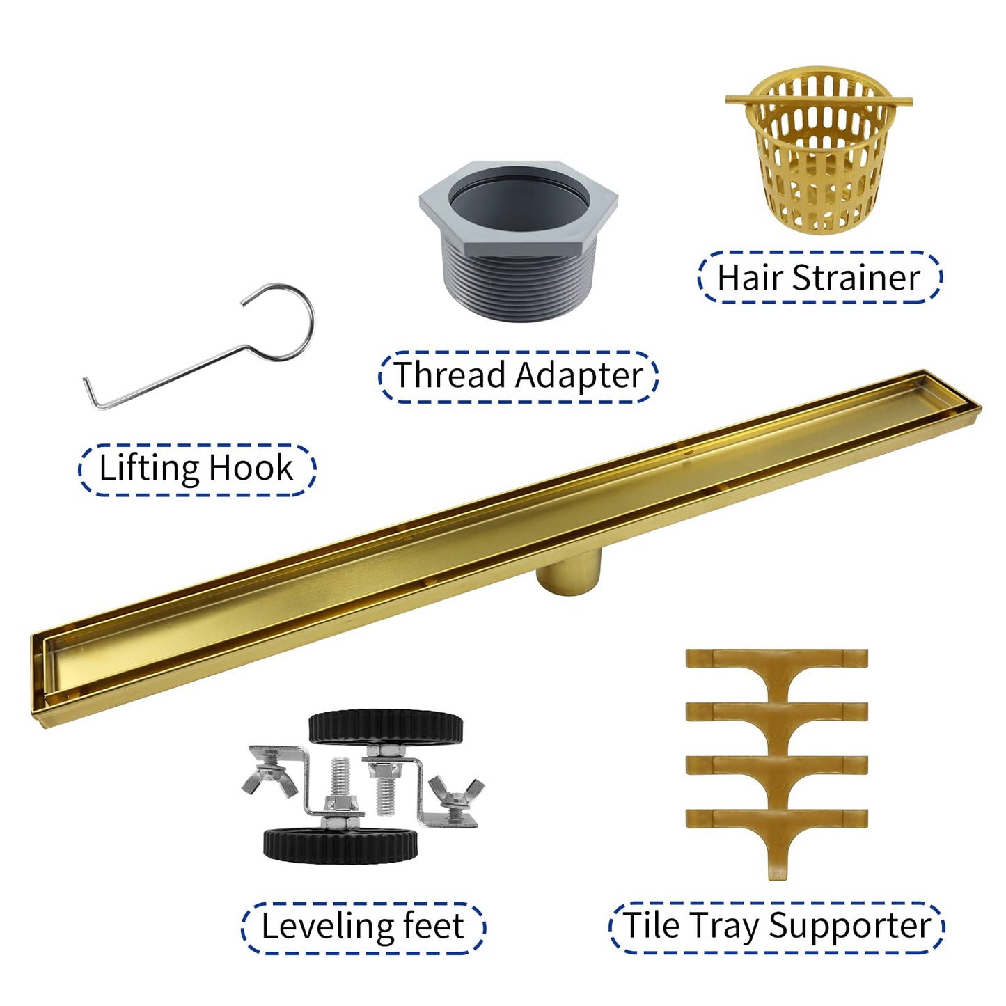Square Shower Drain 6", Brushed Gold Floor Drain with Tiled Insert Grate & Hair Strainer, 304 Stainless Steel Bathroom 2-in-1 Tiled in Drain, CUPC Certified (Brushed Gold, 6'')
