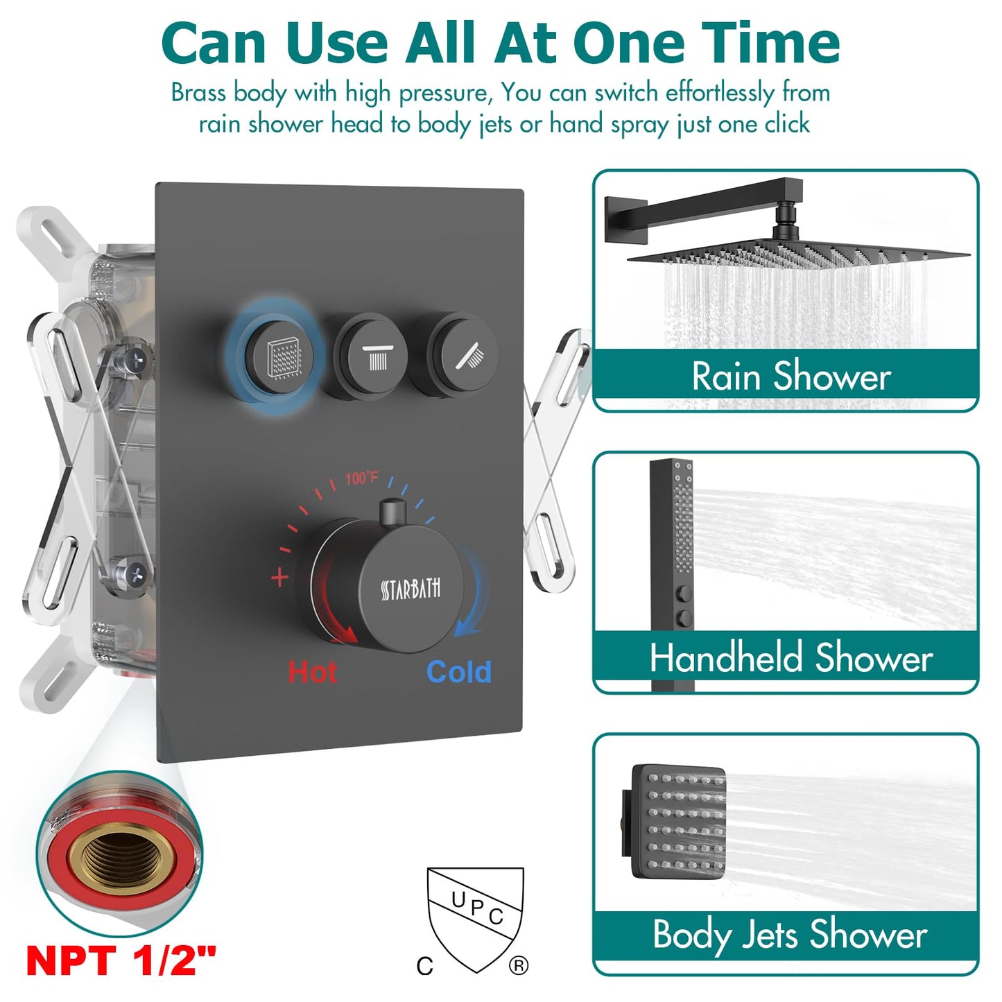 Gold Shower System, 12 Inch Shower Jets System Rain Shower Wall Mounted Body Spray Shower Faucet with Handheld and 6 Shower Jets Thermostatic Valve Body Can Use All Together-Brushed Gold