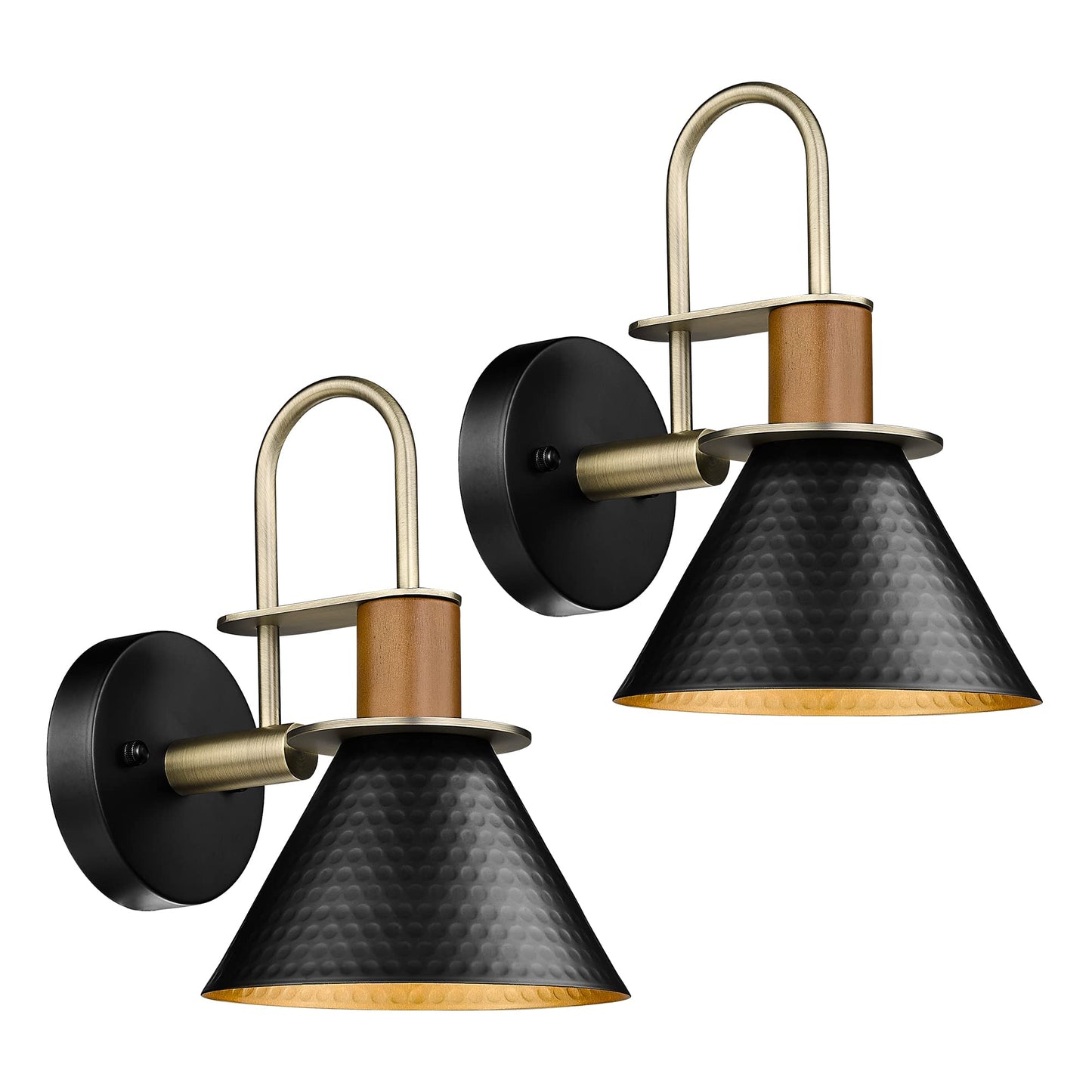 Modern Wall Sconces Set of Two, HWH Industrial Sconce Wall Lighting Indoor Wall Lamp, Gooseneck 1-Light Barn Vanity Light, Hammered Metal Shade, Black and Gold Finish, 5HZG74B-2 BK+BG