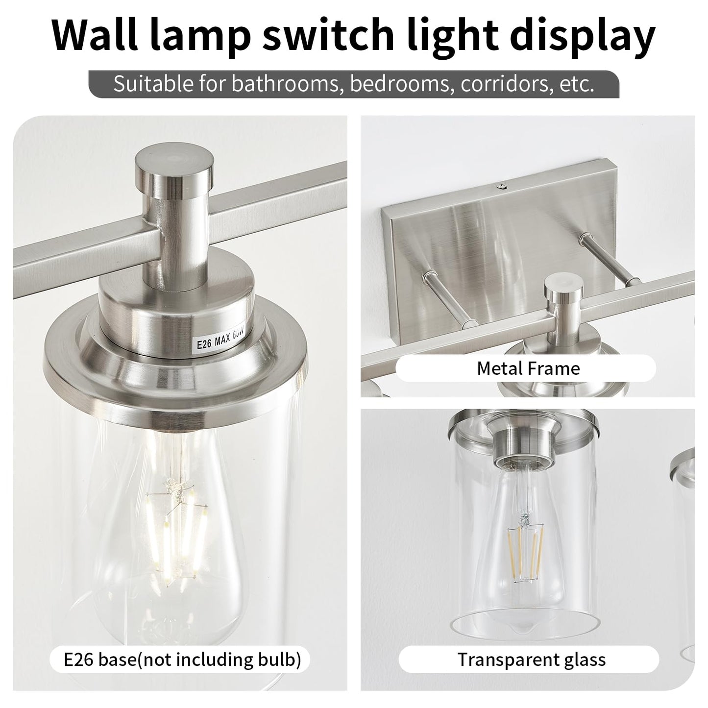 3 Light Bathroom Light Fixtures, Black and Brushed Gold Vanity Light Fixture Over Mirror, Modern Wall Sconces Lighting Wall Lamp for Bathroom, Bedroom, Hallway with Clear Glass Shade