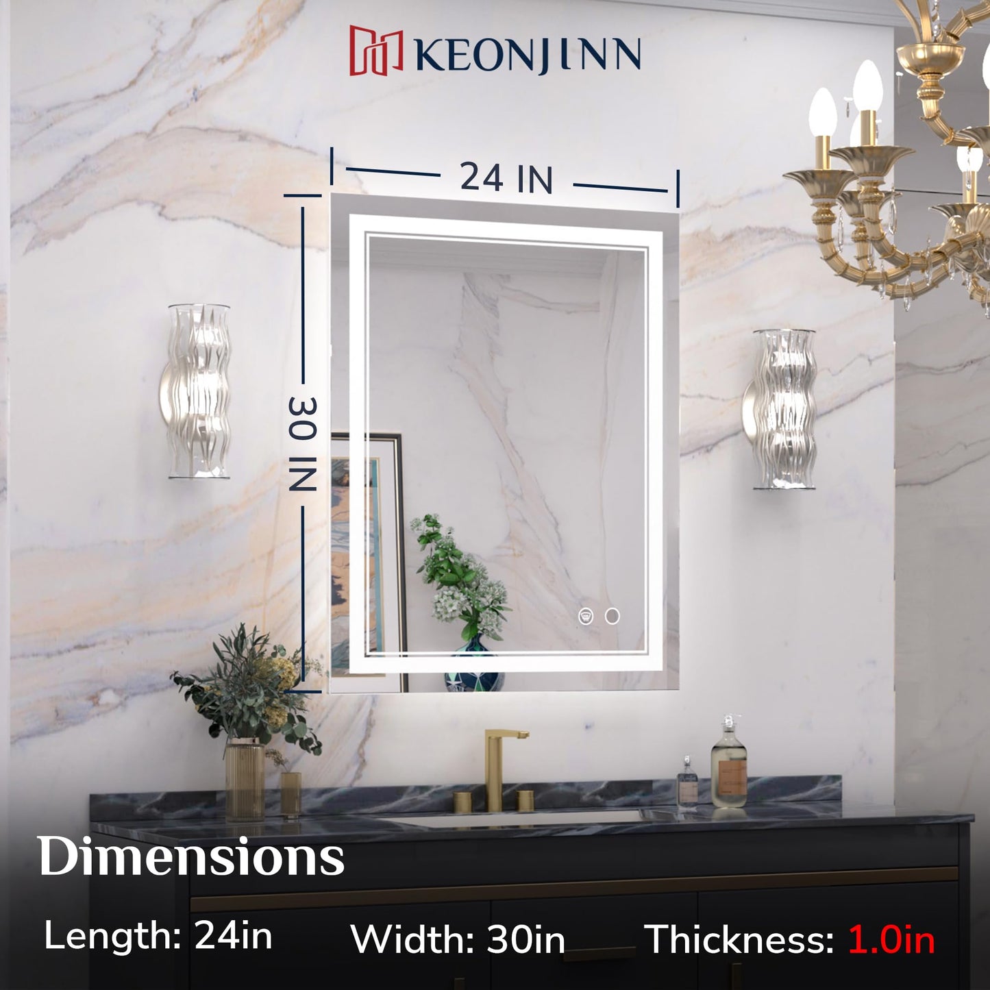 Keonjinn LED Bathroom Mirror 55 x 30 Inch Large Bathroom Mirror with Front Lights Lighted Vanity Mirror Wall Mounted Makeup Mirror Anti-Fog Dimmable Tempered Glass (Horizontal/Vertical)