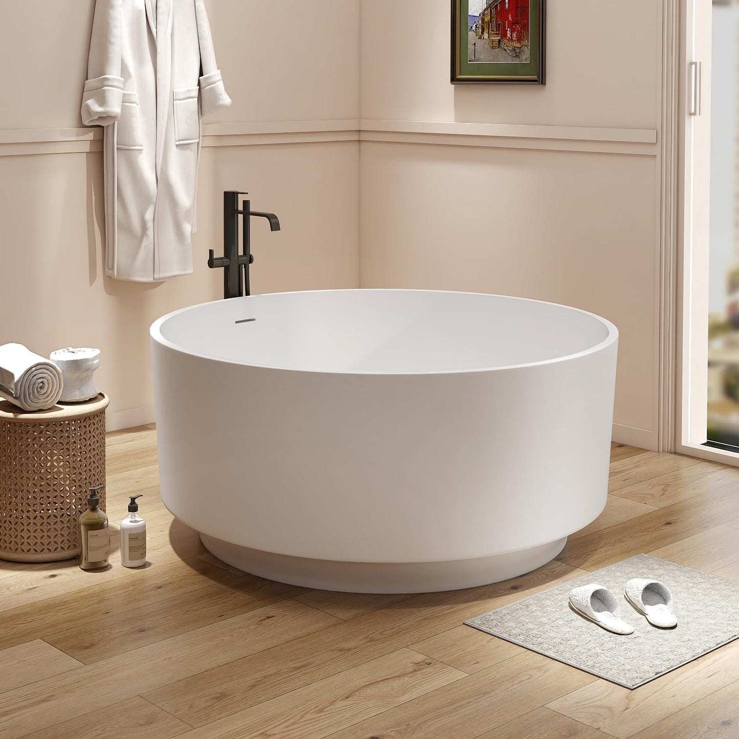 51'' Japanese Soaking Tub Freestanding Bathtub Resin Stone Bathtubs Deep soaking Tub with Overflow and Pop-up Drain - White