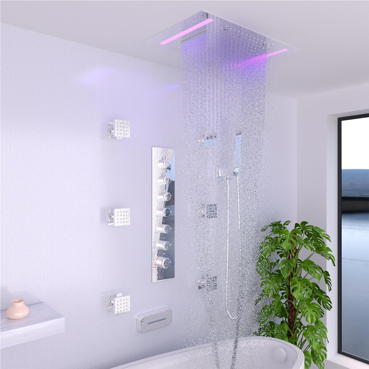 HOMEDEC 14x20inch Shower Head with 3 Functions Rainfall Waterfall Mist, High-Pressure Rainfall Spray Waterfall Shower Water Filter, Brushed Gold