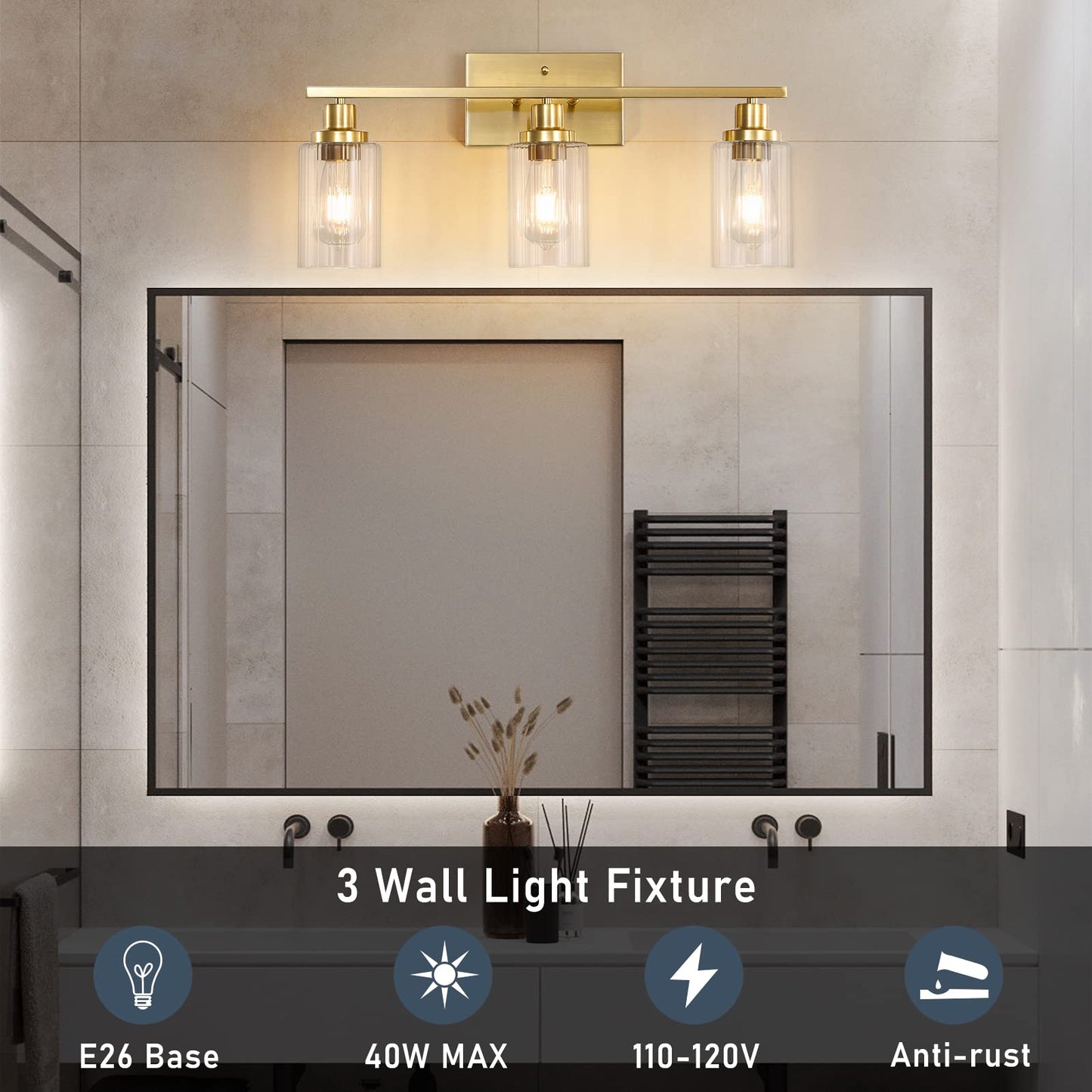 Jonsi Gold Bathroom Vanity Lights, 4 Light Brushed Gold Bathroom Light Fixtures with Fluted Glass Shade, Modern Gold Bathroom lights Over Mirror,Vanity Lighting Fixtures,31.1" W x 10.7" H