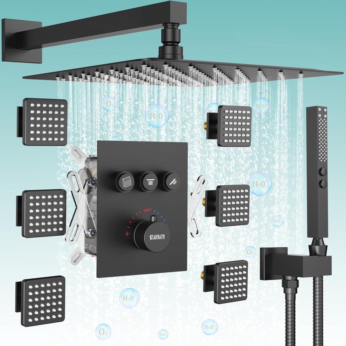Gold Shower System, 12 Inch Shower Jets System Rain Shower Wall Mounted Body Spray Shower Faucet with Handheld and 6 Shower Jets Thermostatic Valve Body Can Use All Together-Brushed Gold