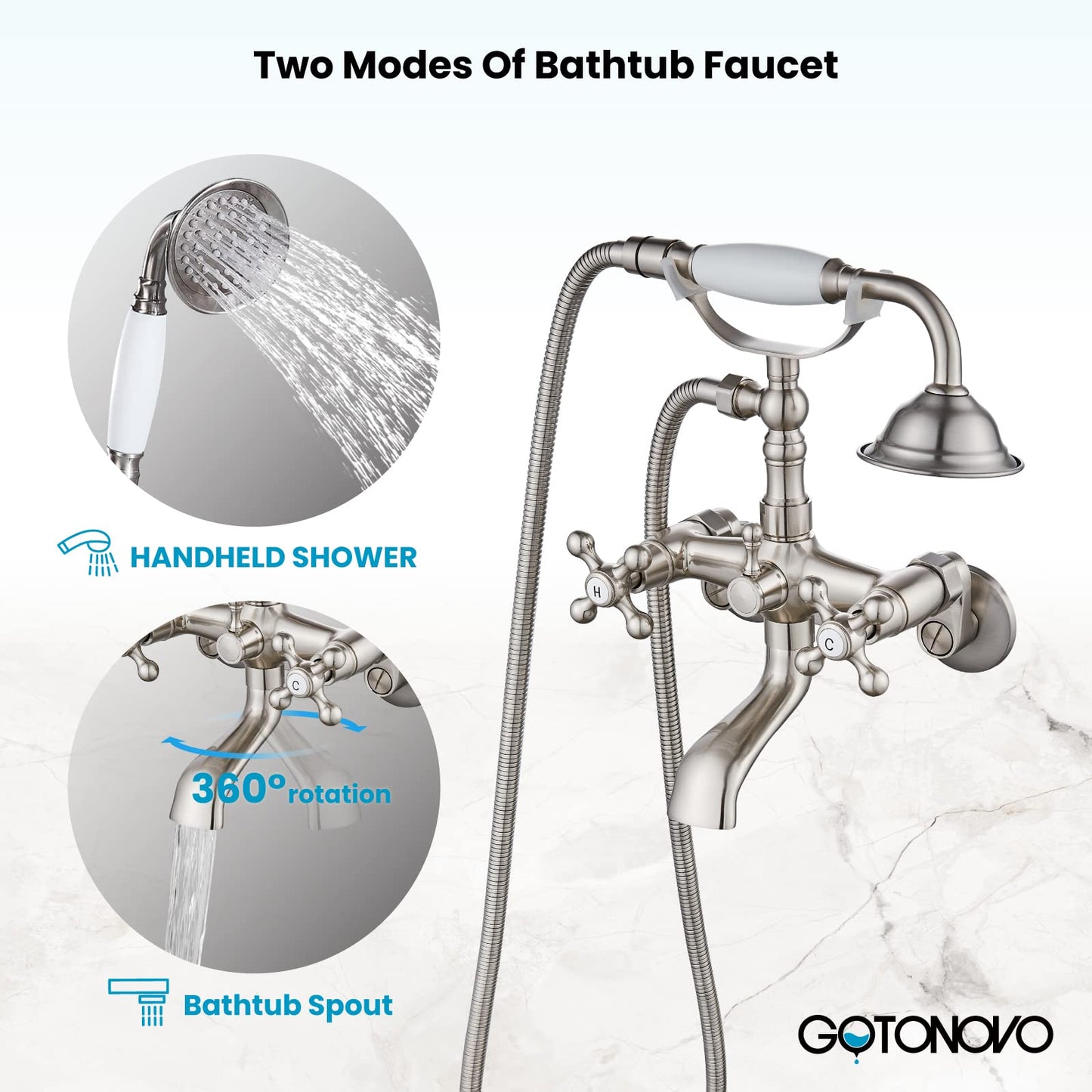 gotonovo Bathtub Clawfoot Faucet Brushed Nickel Finish Wall Mount Tub Filler with Hand Held Shower Faucet 2 Cross Handles with Tub Spout Victorian Vintage Telephone Style