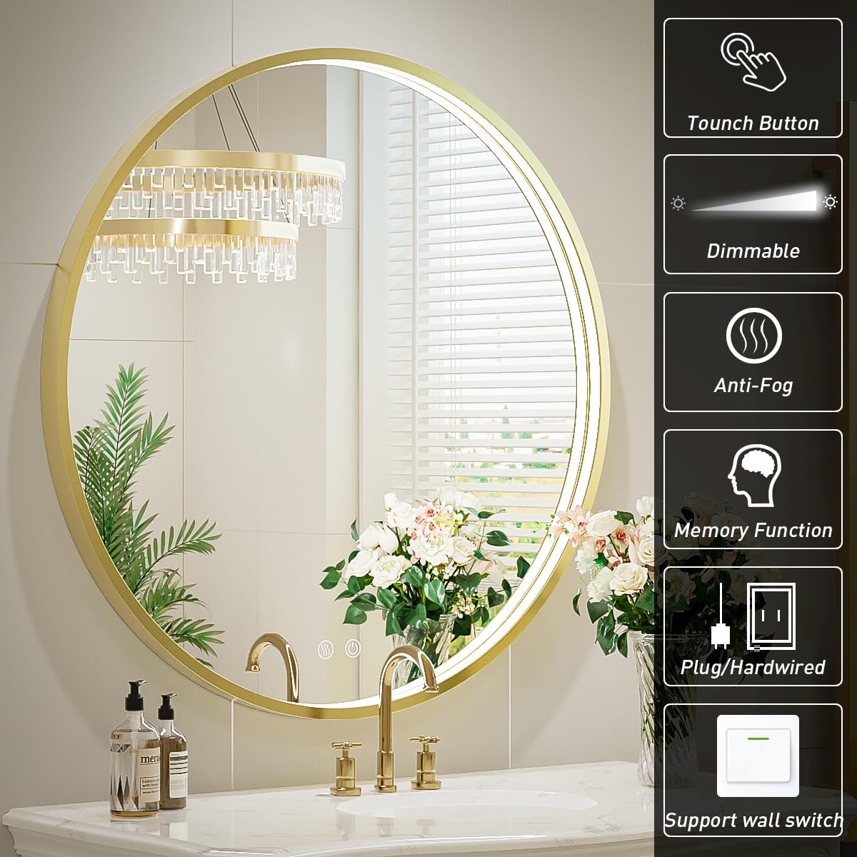 LED Round Mirror,36 Inch Gold Frame Bathroom Mirror with Light,6000K Lighted Vanity Mirror,Wall Mounted,Anti-Fog & Dimmable Touch Switch, Waterproof IP54