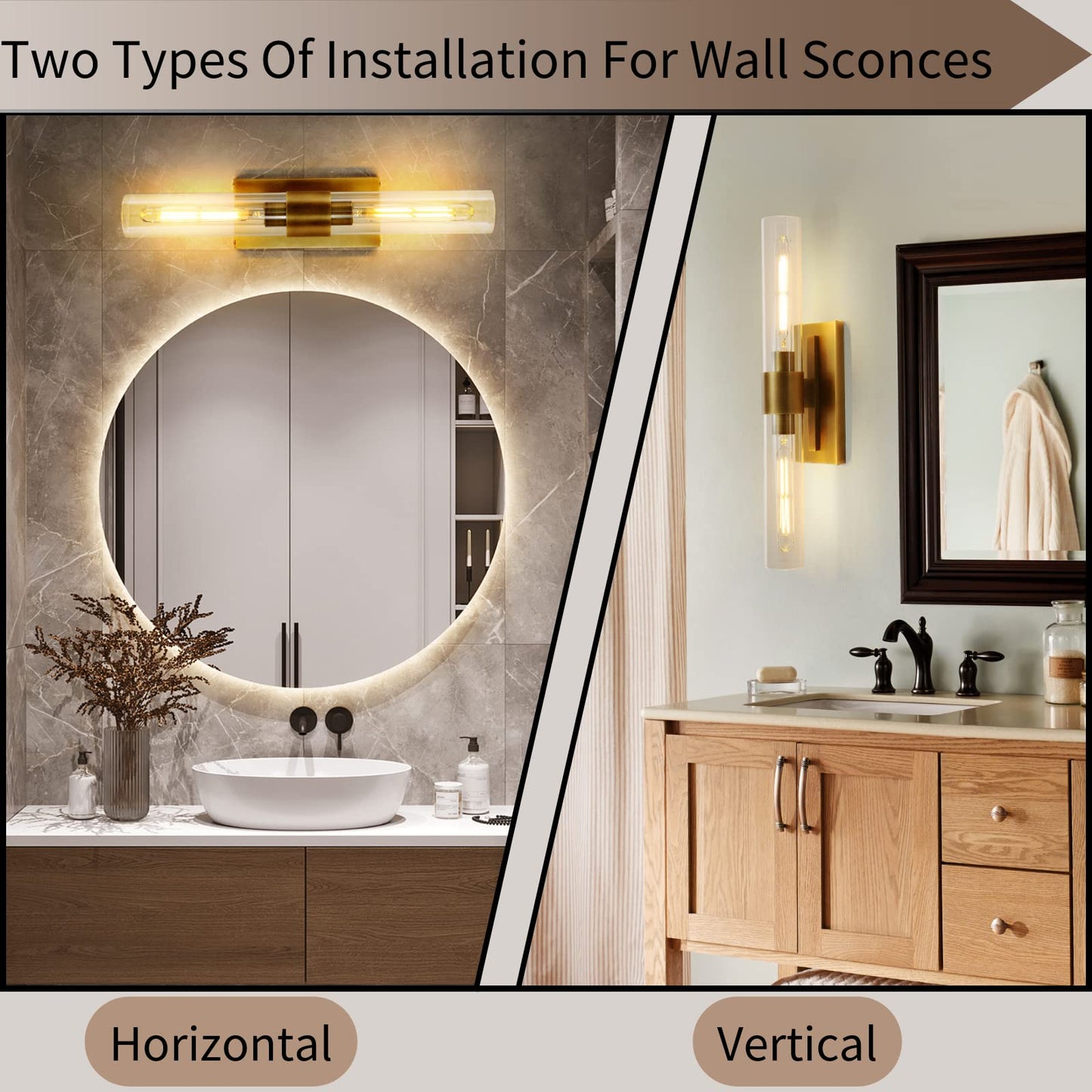 Brass Wall Sconces Set of Two, 22.8" Sconces Wall Lighting 2-Light, Gold Bathroom Vanity Wall Sconces, Glass Tube Wall Sconces, Indoor Wall Sconces for Bathroom, Bedroom, Vanity, Hallway