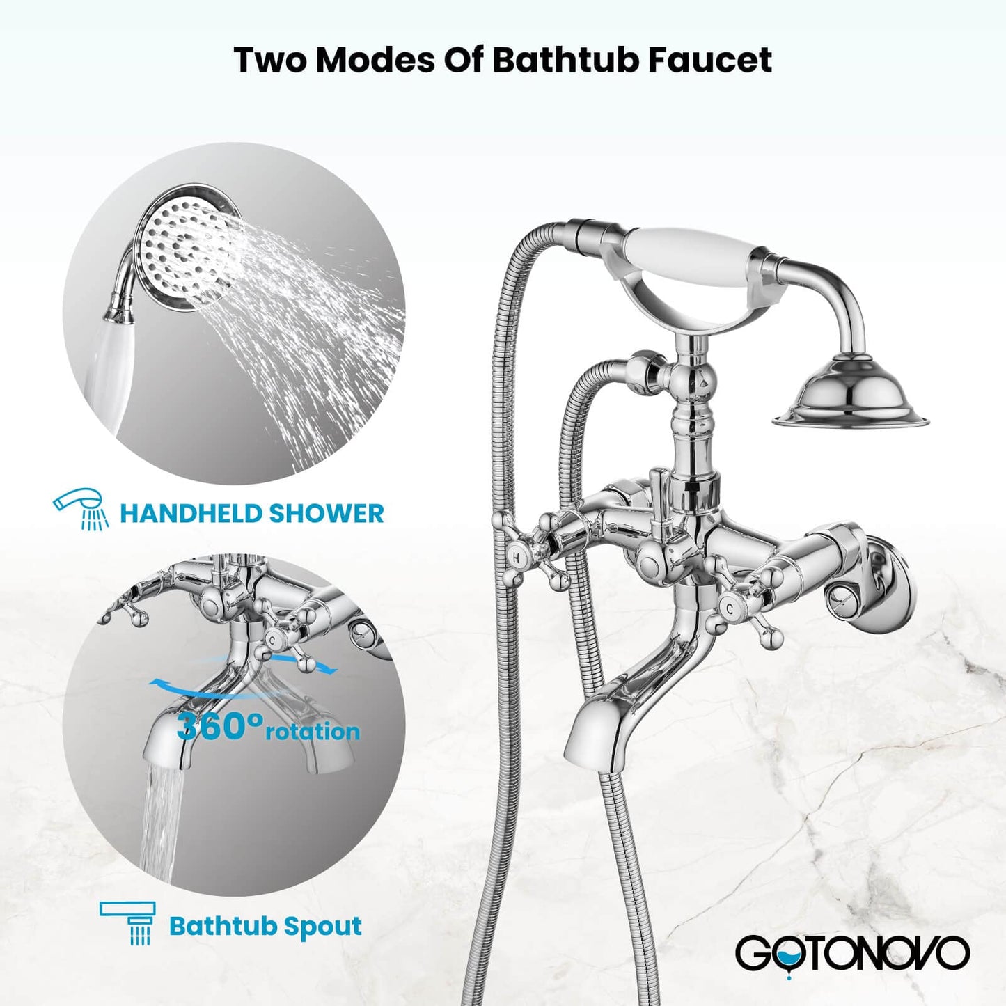 gotonovo Bathtub Clawfoot Faucet Brushed Nickel Finish Wall Mount Tub Filler with Hand Held Shower Faucet 2 Cross Handles with Tub Spout Victorian Vintage Telephone Style