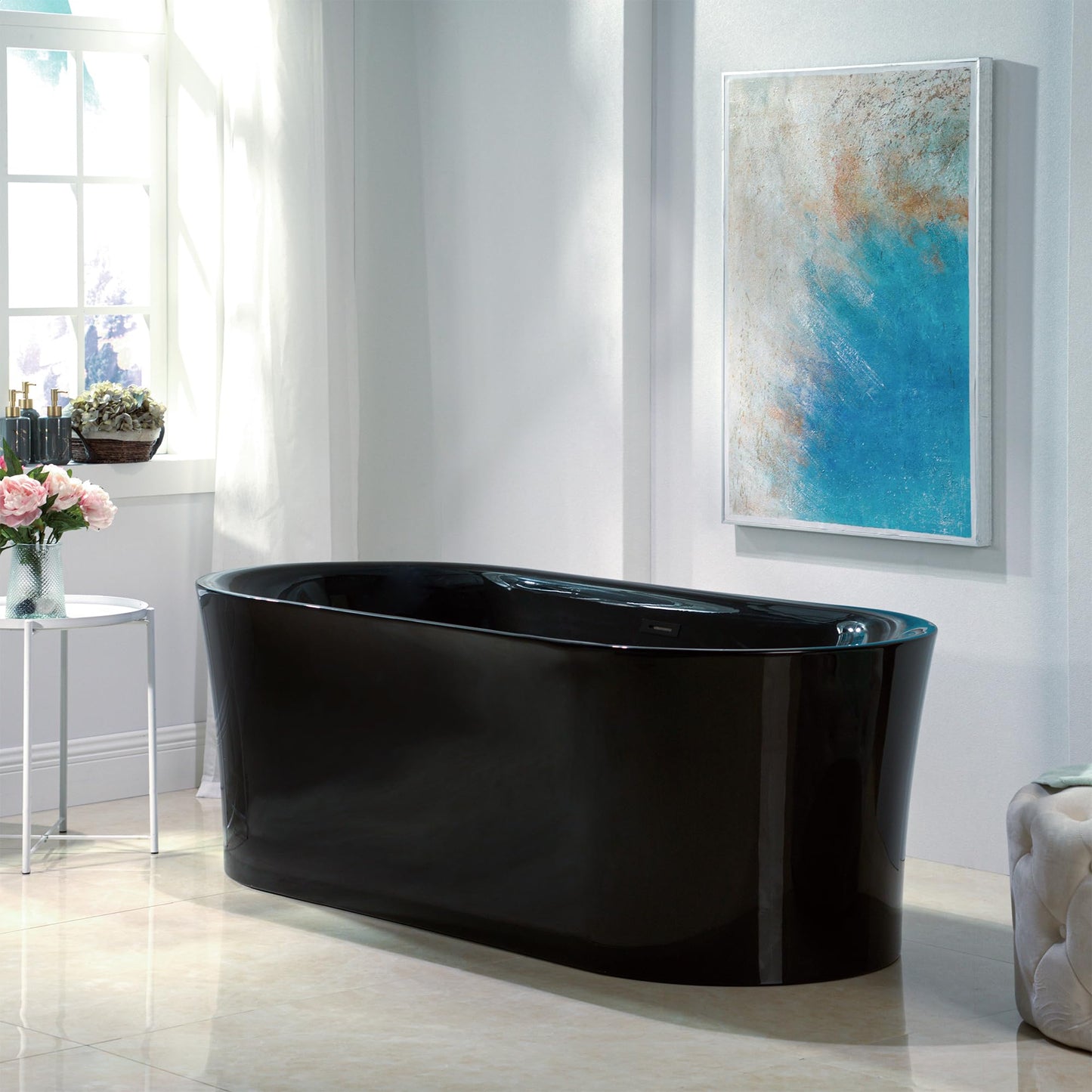 WOODBRIDGE 59" Acrylic Freestanding Bathtub Contemporary Soaking White Tub with Brushed Nickel Overflow and Drain,B0014 -B/N-Drain &O