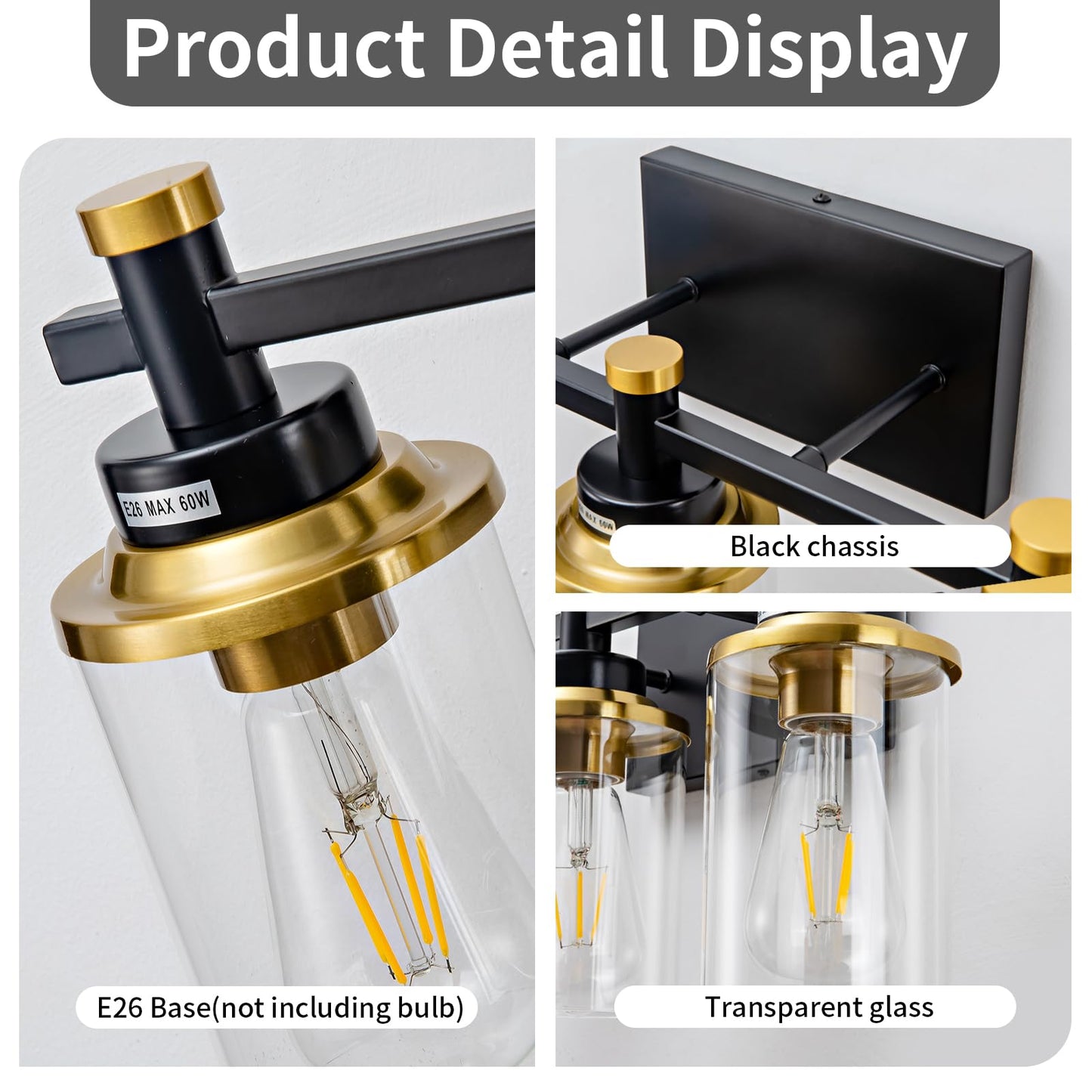 3 Light Bathroom Light Fixtures, Black and Brushed Gold Vanity Light Fixture Over Mirror, Modern Wall Sconces Lighting Wall Lamp for Bathroom, Bedroom, Hallway with Clear Glass Shade