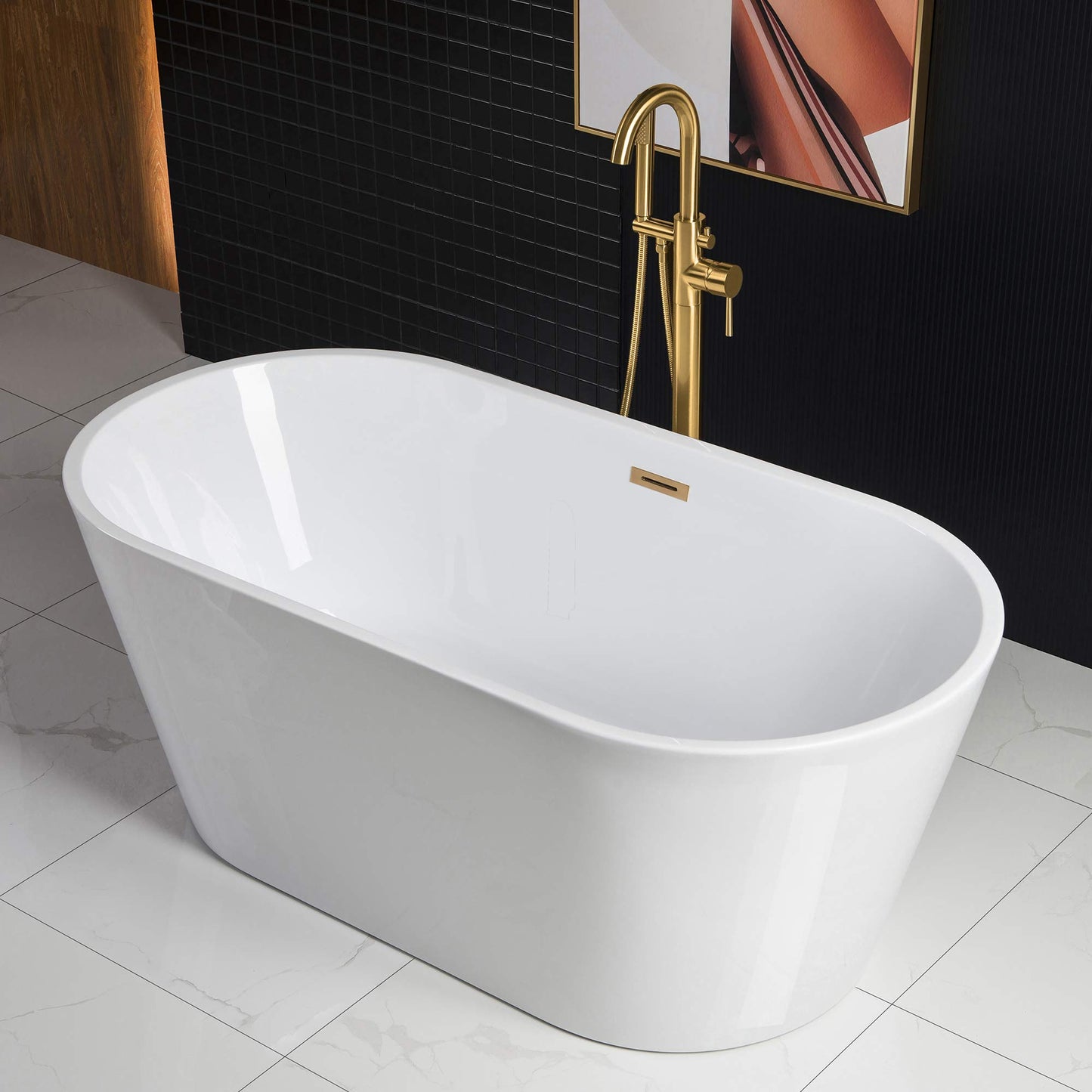WOODBRIDGE 59" Acrylic Freestanding Bathtub Contemporary Soaking White Tub with Brushed Nickel Overflow and Drain,B0014 -B/N-Drain &O