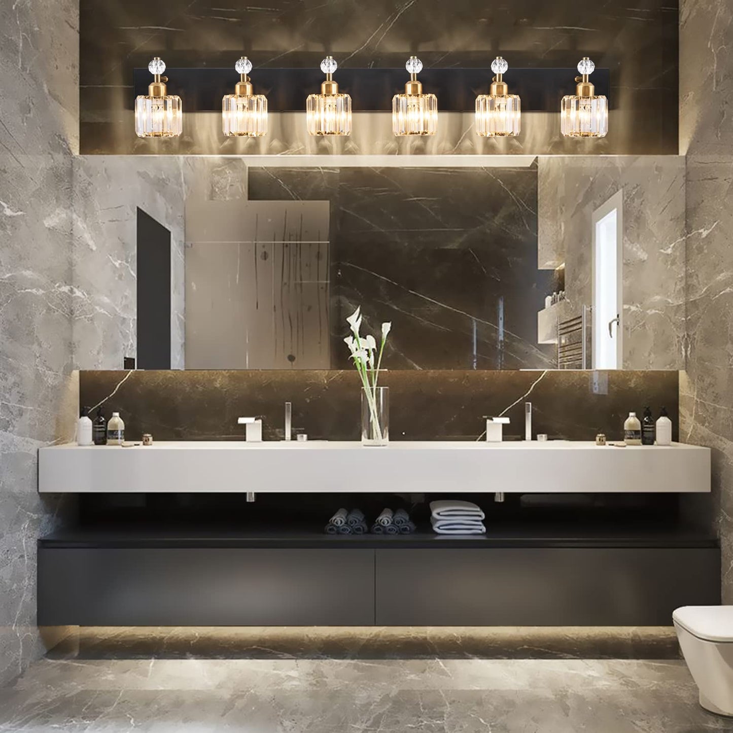 PRESDE Black Gold Crystal Bathroom Vanity Lights Fixtures Over Mirror Modern 3 Light Bath Wall Lighting