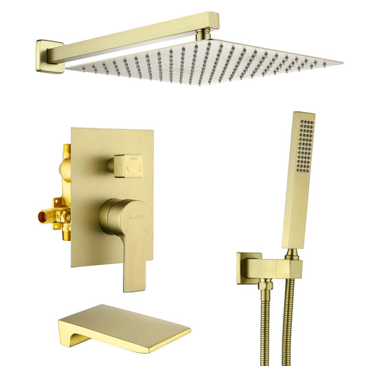SHAMANDA Shower System with Waterfall Tub Spout and Handheld Shower Head, 12" Rain Shower Faucet Sets Complete with Shower Round-in Valve and Trim Wall Mount, Brushed Gold, L101-3