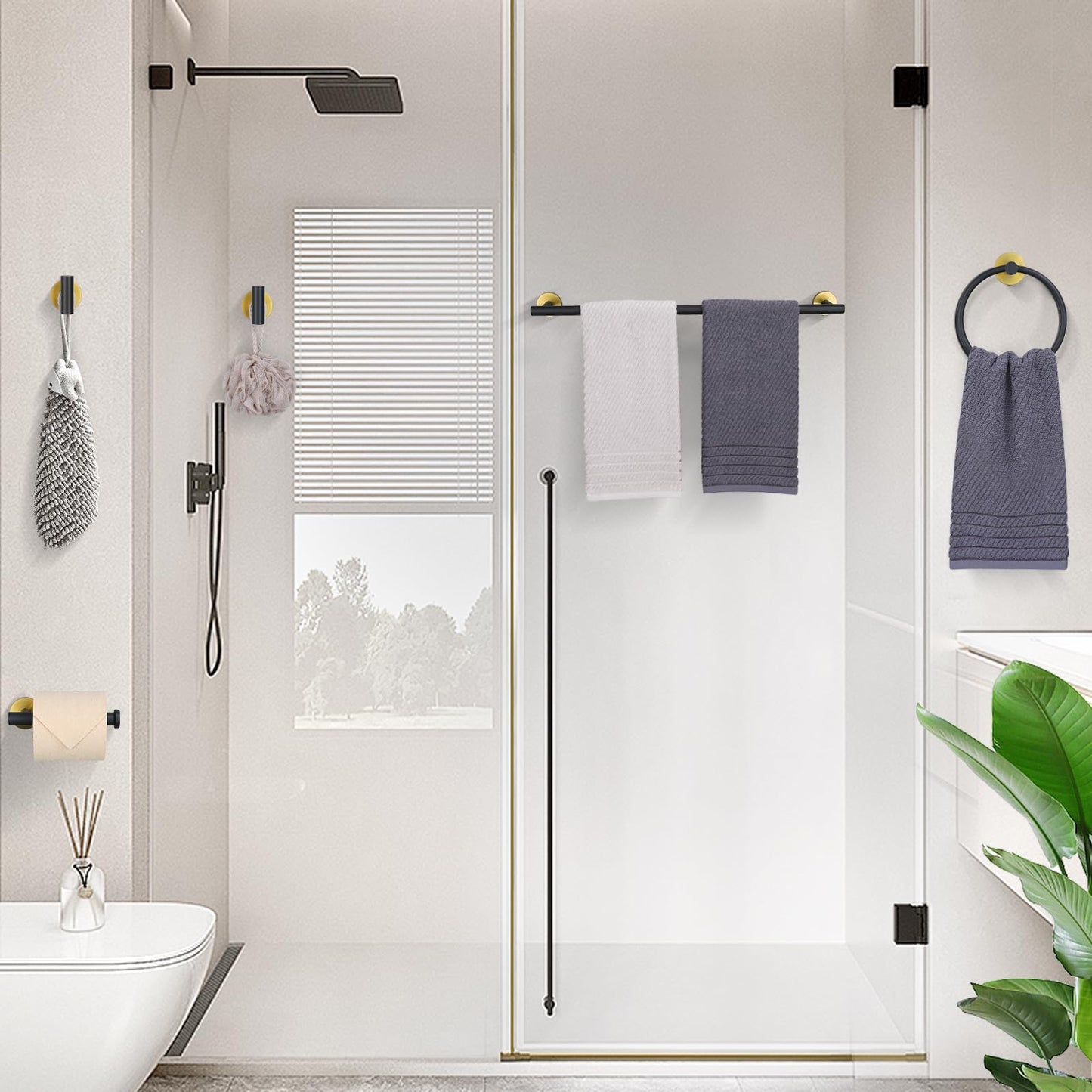 TURS Brushed Gold 5 Piece Bathroom Hardware Set, SUS304 Stainless Steel 24 Inch Bath Towel Bar Set, Round Bathroom Accessories Kit Wall Mounted