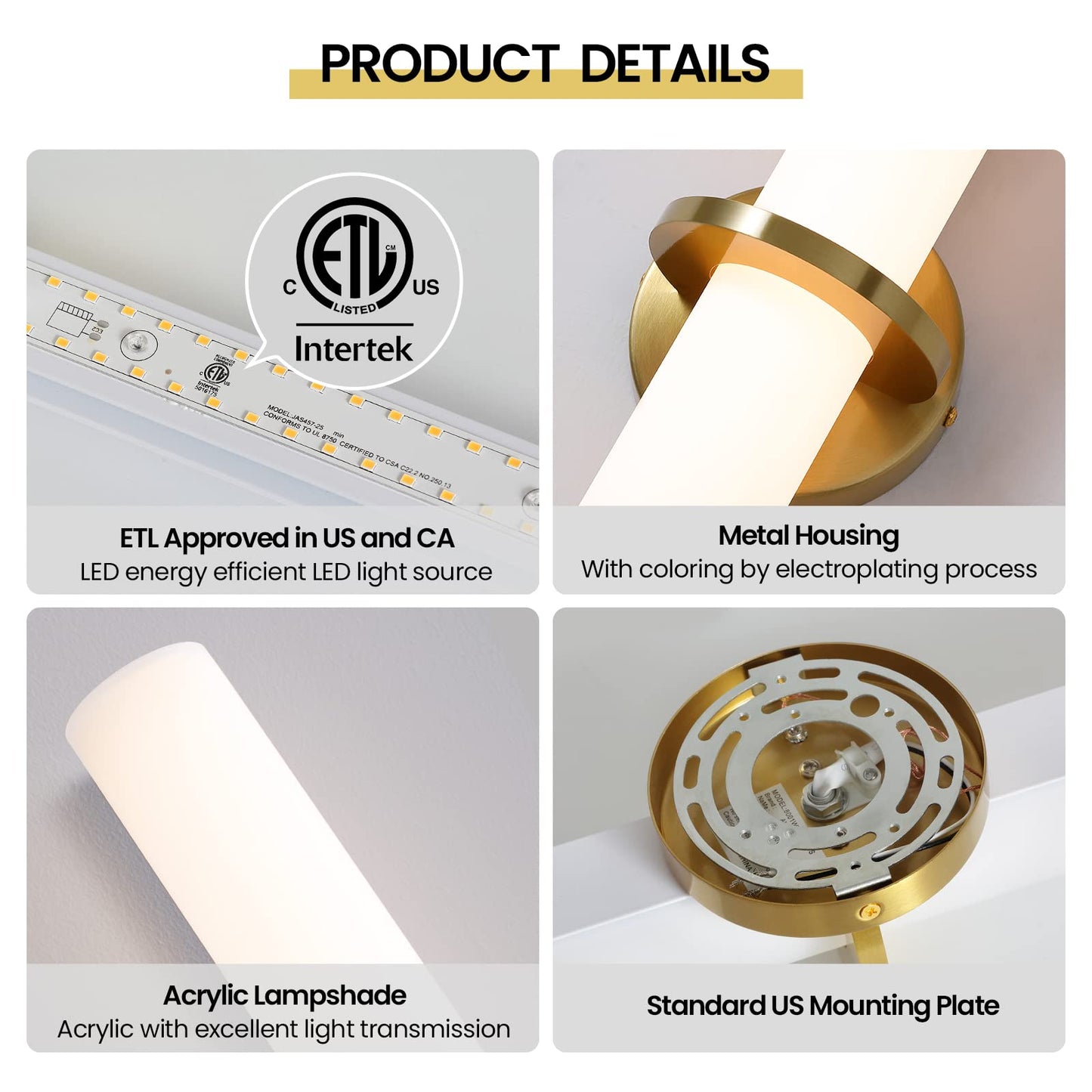 Gold Wall Sconces Set of Two - Dimmable Modern Sconces Wall Lighting 18W 3000K Led Wall Lights Acrylic Lampshade Hardwired Wall Light Fixtures for Living Room Bedroom Bathroom Hallway 18inch