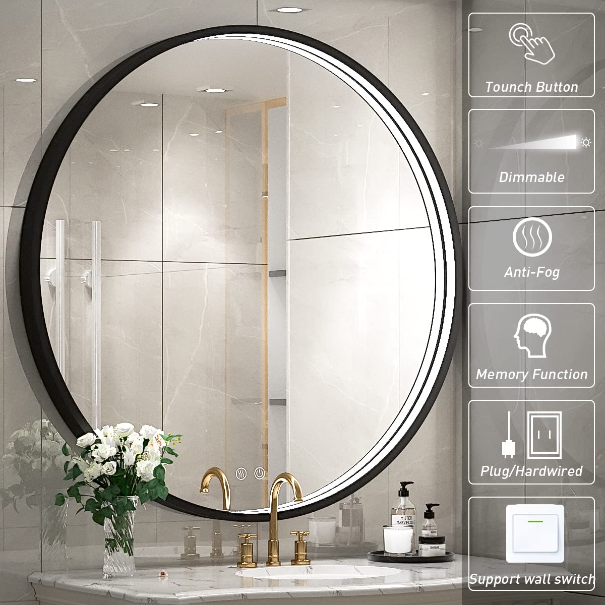 LED Round Mirror,36 Inch Gold Frame Bathroom Mirror with Light,6000K Lighted Vanity Mirror,Wall Mounted,Anti-Fog & Dimmable Touch Switch, Waterproof IP54