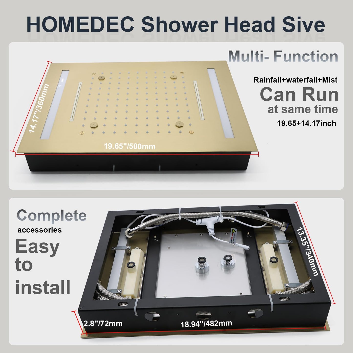HOMEDEC 14x20inch Shower Head with 3 Functions Rainfall Waterfall Mist, High-Pressure Rainfall Spray Waterfall Shower Water Filter, Brushed Gold