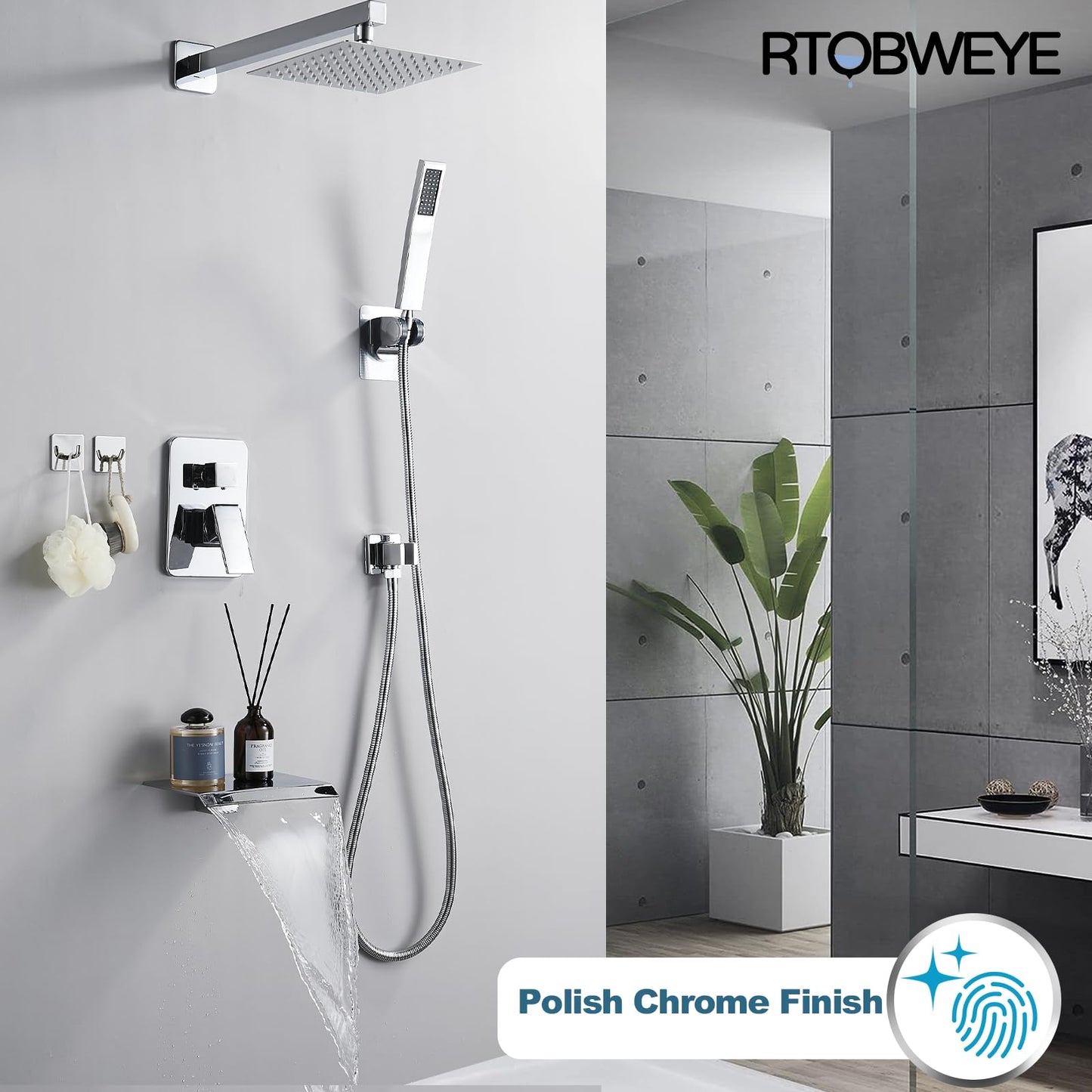 8 Inch Shower Faucet Set, Rainfall Shower System with High Pressure Handheld Shower Head, Bathroom Mixer Shower Set Wall Mounted Rough-in Valve and Trim Kit, with Tub Spout